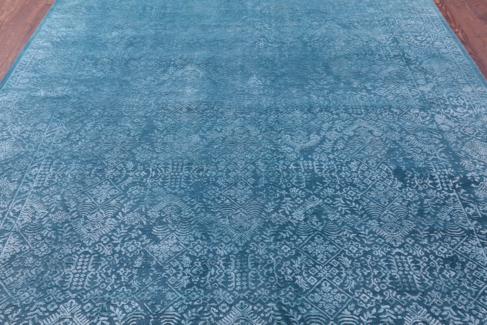 Blue Full Pile Overdyed Hand Knotted Wool & Silk Rug - 8' 0" X 10' 2" - Golden Nile