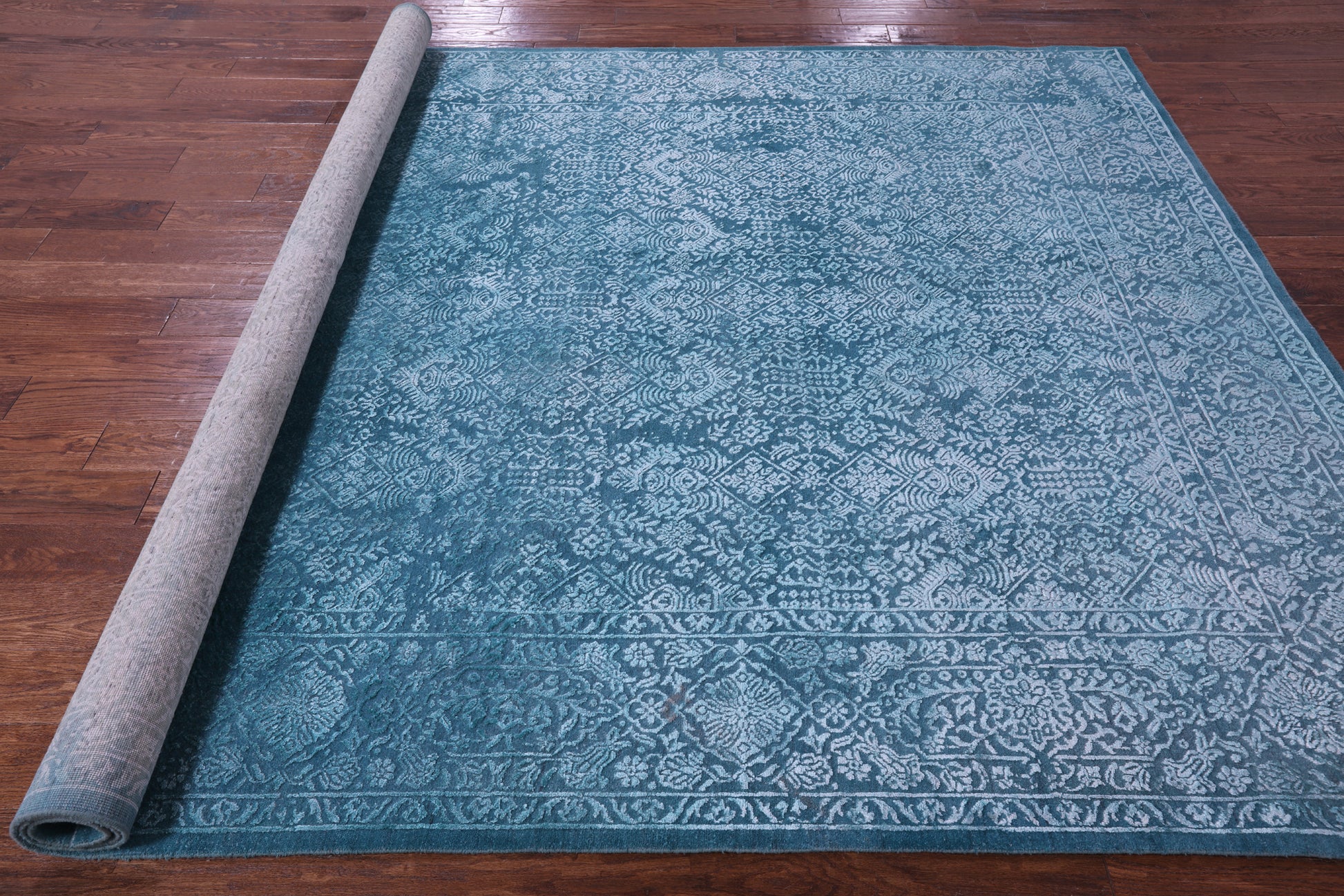 Blue Full Pile Overdyed Hand Knotted Wool & Silk Rug - 8' 0" X 10' 2" - Golden Nile