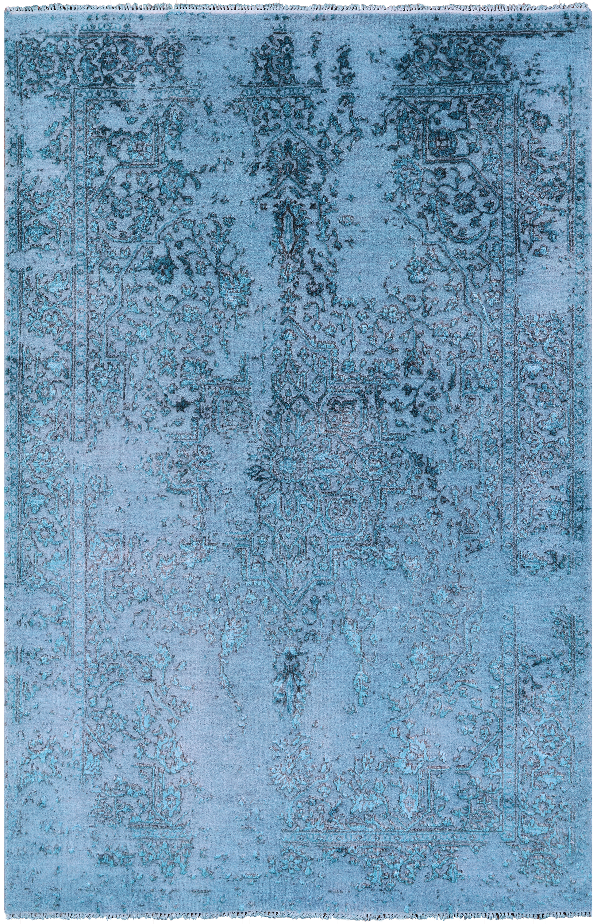Blue Full Pile Overdyed Hand Knotted Wool & Silk Rug - 4' 1" X 6' 2" - Golden Nile