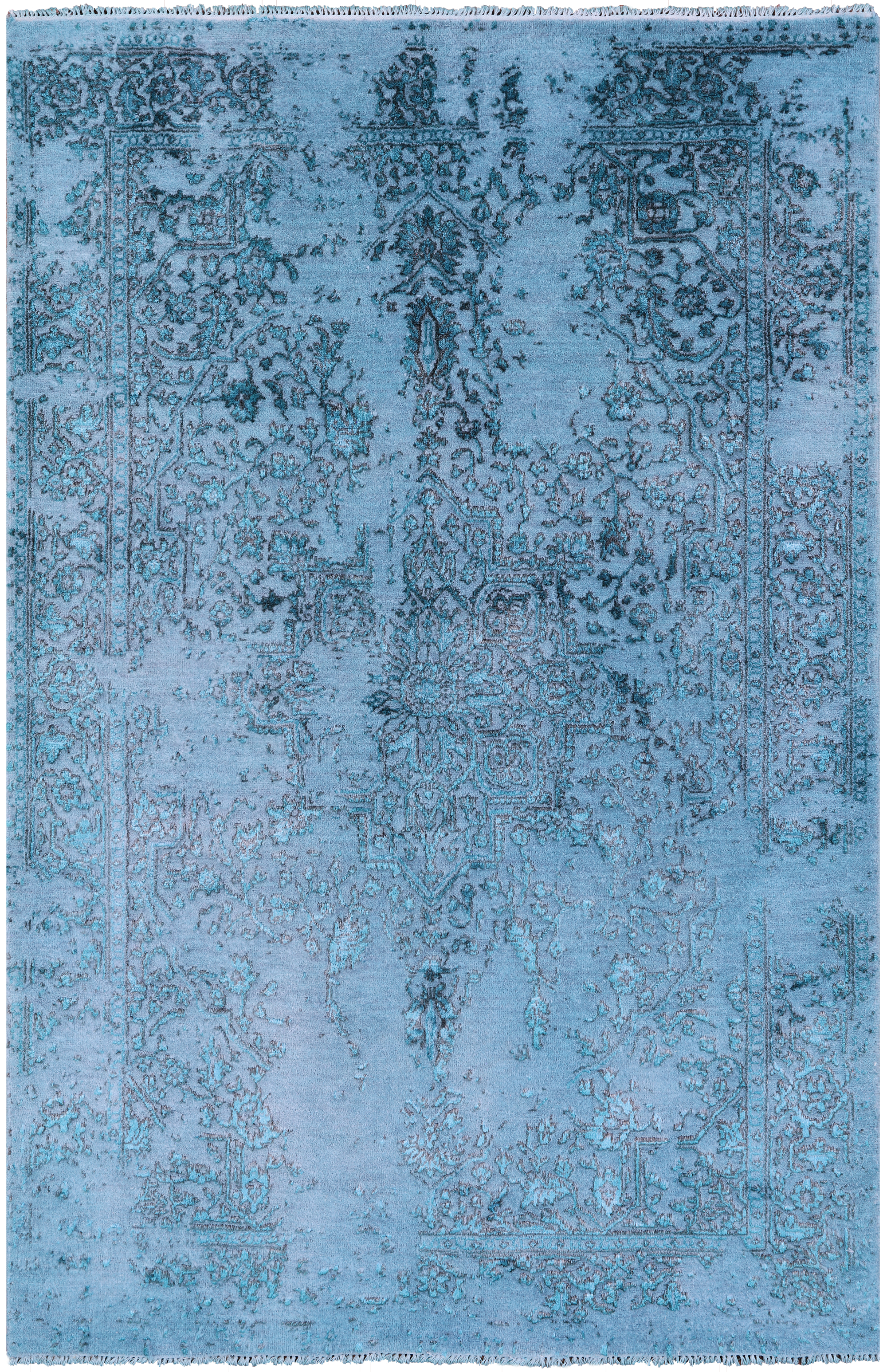 Blue Full Pile Overdyed Hand Knotted Wool & Silk Rug - 4' 1" X 6' 2" - Golden Nile