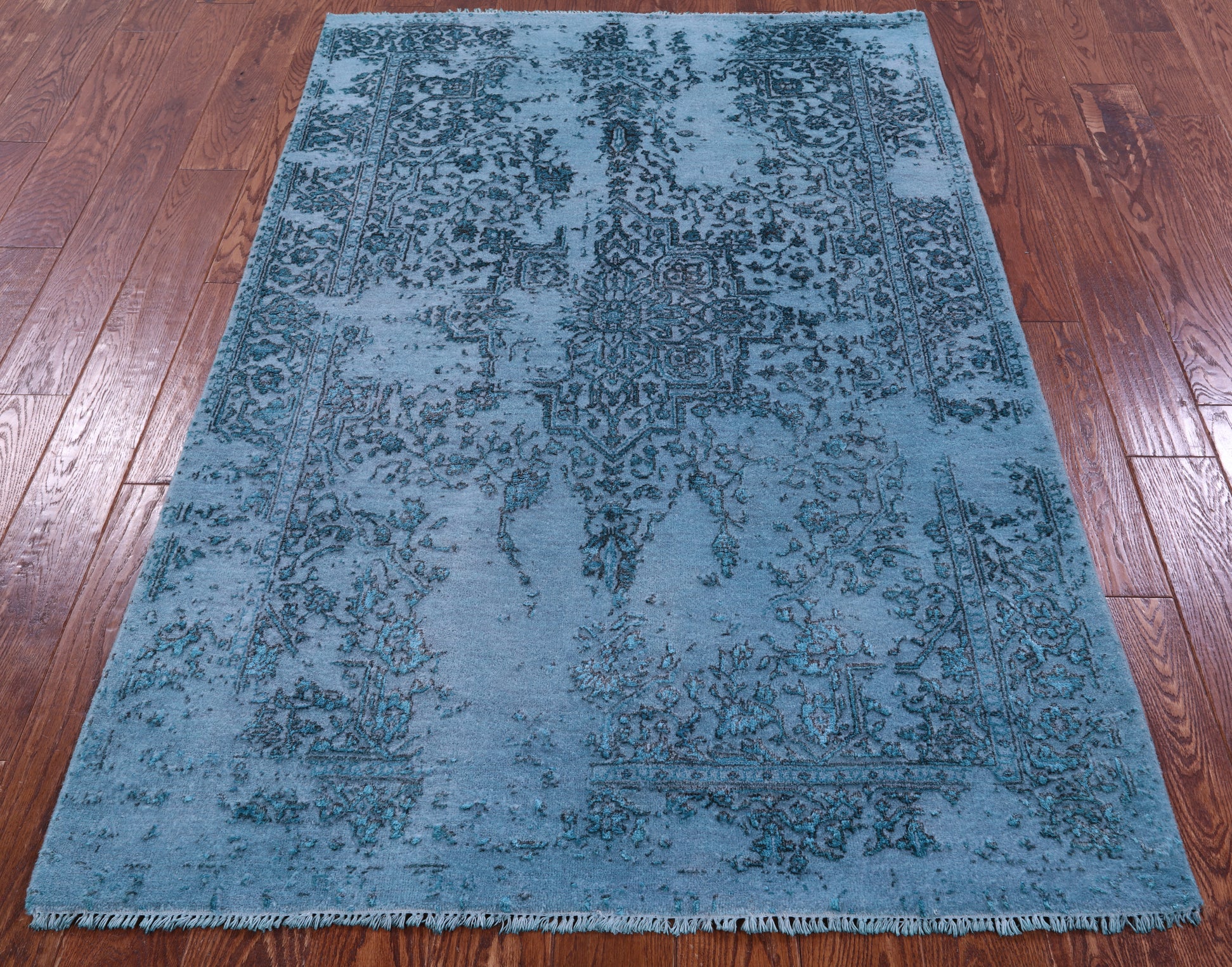 Blue Full Pile Overdyed Hand Knotted Wool & Silk Rug - 4' 1" X 6' 2" - Golden Nile