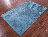 Blue Full Pile Overdyed Hand Knotted Wool & Silk Rug - 4' 1" X 6' 2" - Golden Nile
