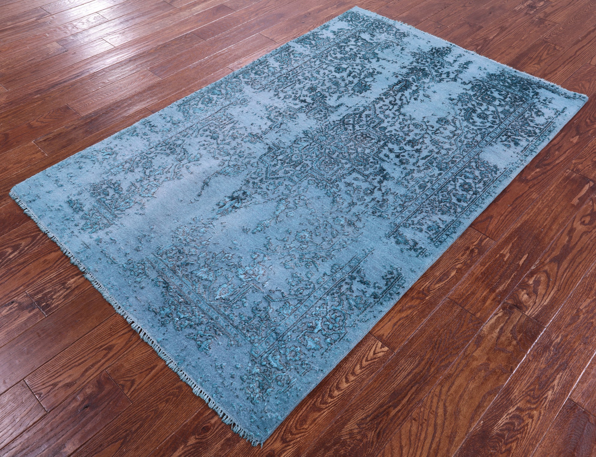 Blue Full Pile Overdyed Hand Knotted Wool & Silk Rug - 4' 1" X 6' 2" - Golden Nile