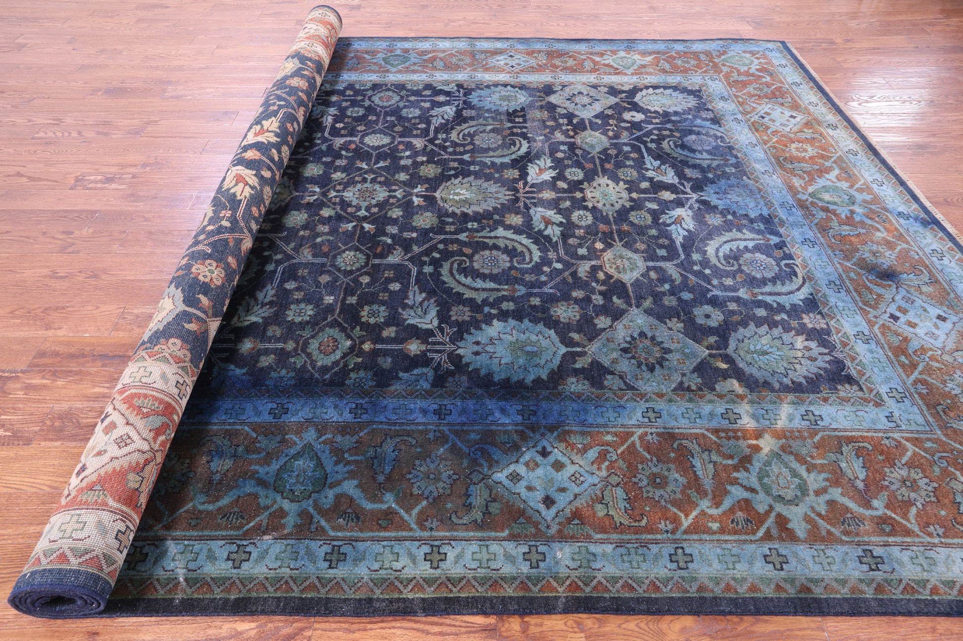 Blue Full Pile Overdyed Heriz Hand Knotted Wool Rug - 10' 2" X 13' 10" - Golden Nile