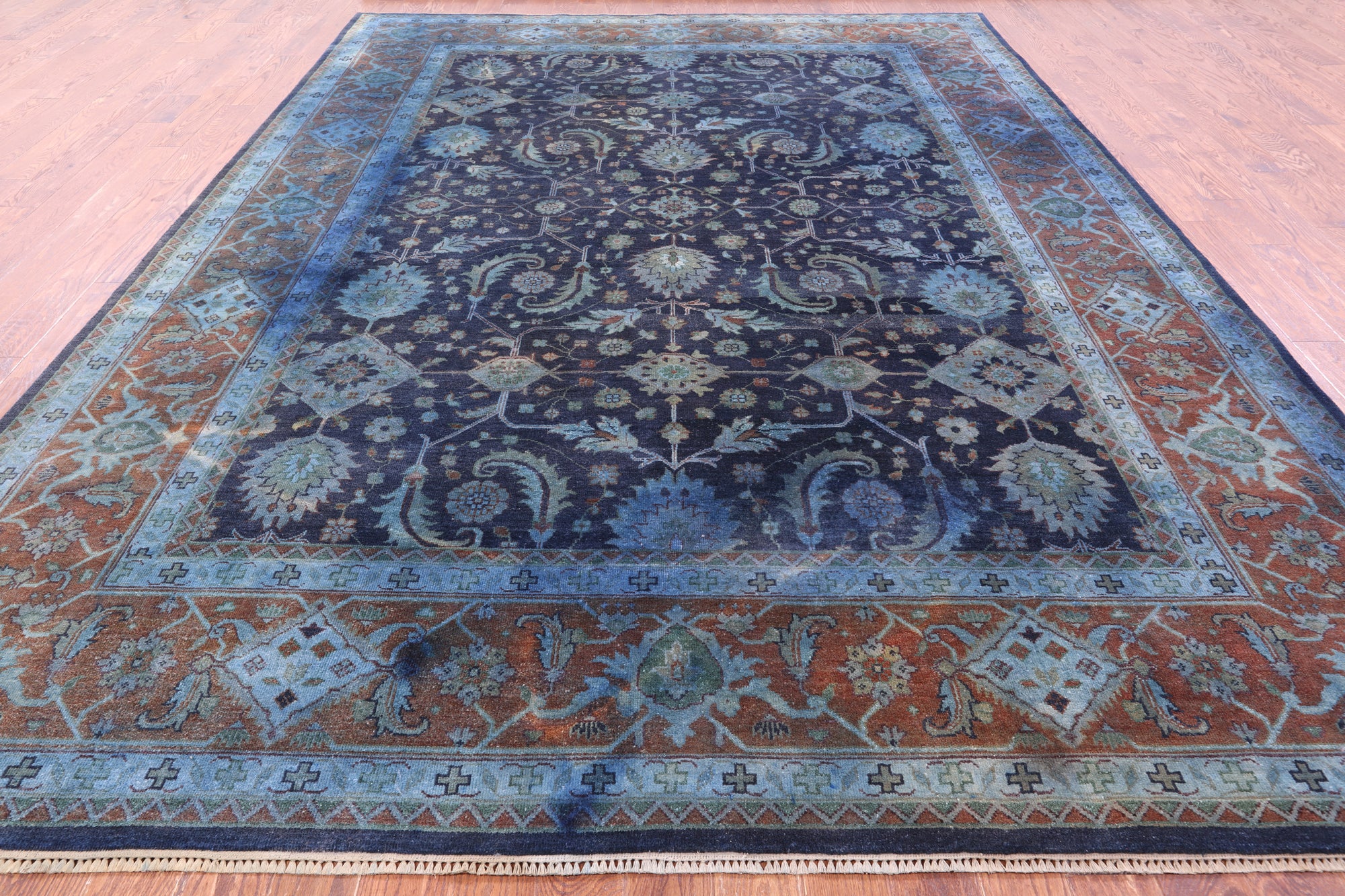 Blue Full Pile Overdyed Heriz Hand Knotted Wool Rug - 10' 2" X 13' 10" - Golden Nile