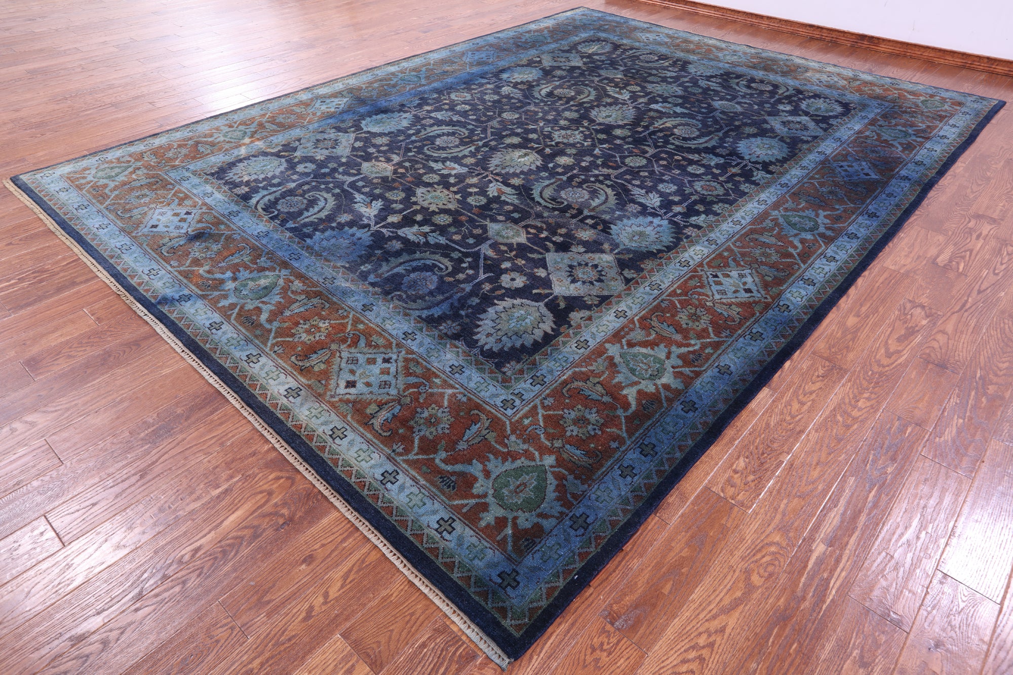 Blue Full Pile Overdyed Heriz Hand Knotted Wool Rug - 10' 2" X 13' 10" - Golden Nile