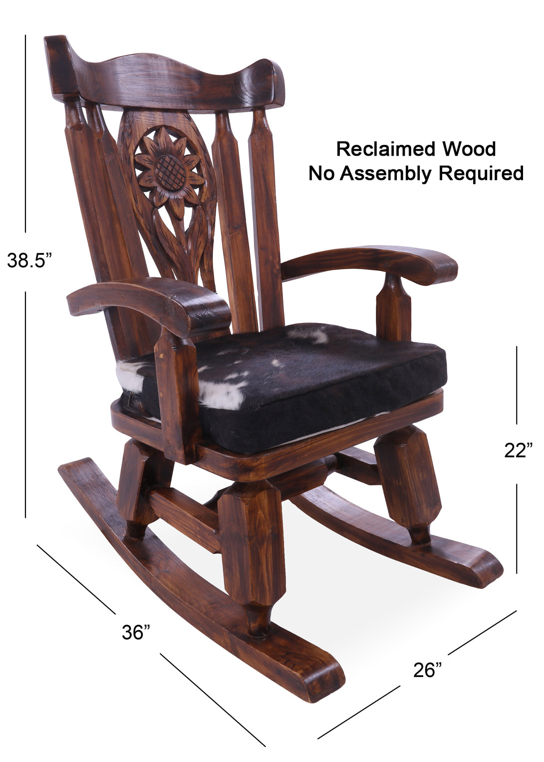 Wooden Rocking Chair Handcarved Back Sunflower Removable Hair-On Cowhide Pillow - Golden Nile