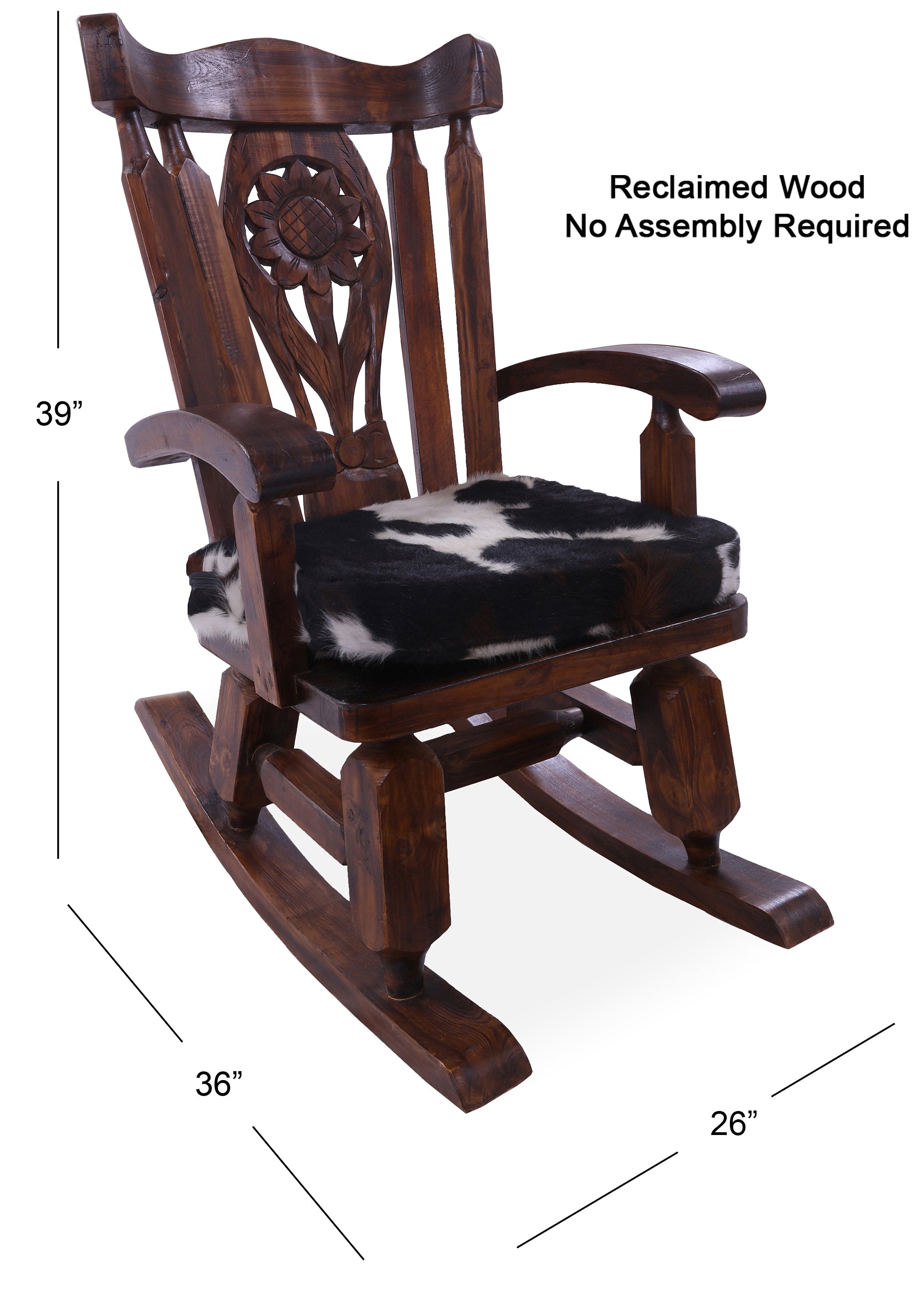 Wooden Rocking Chair Handcarved Back Sunflower Removable Hair-On Cowhide Pillow - Golden Nile