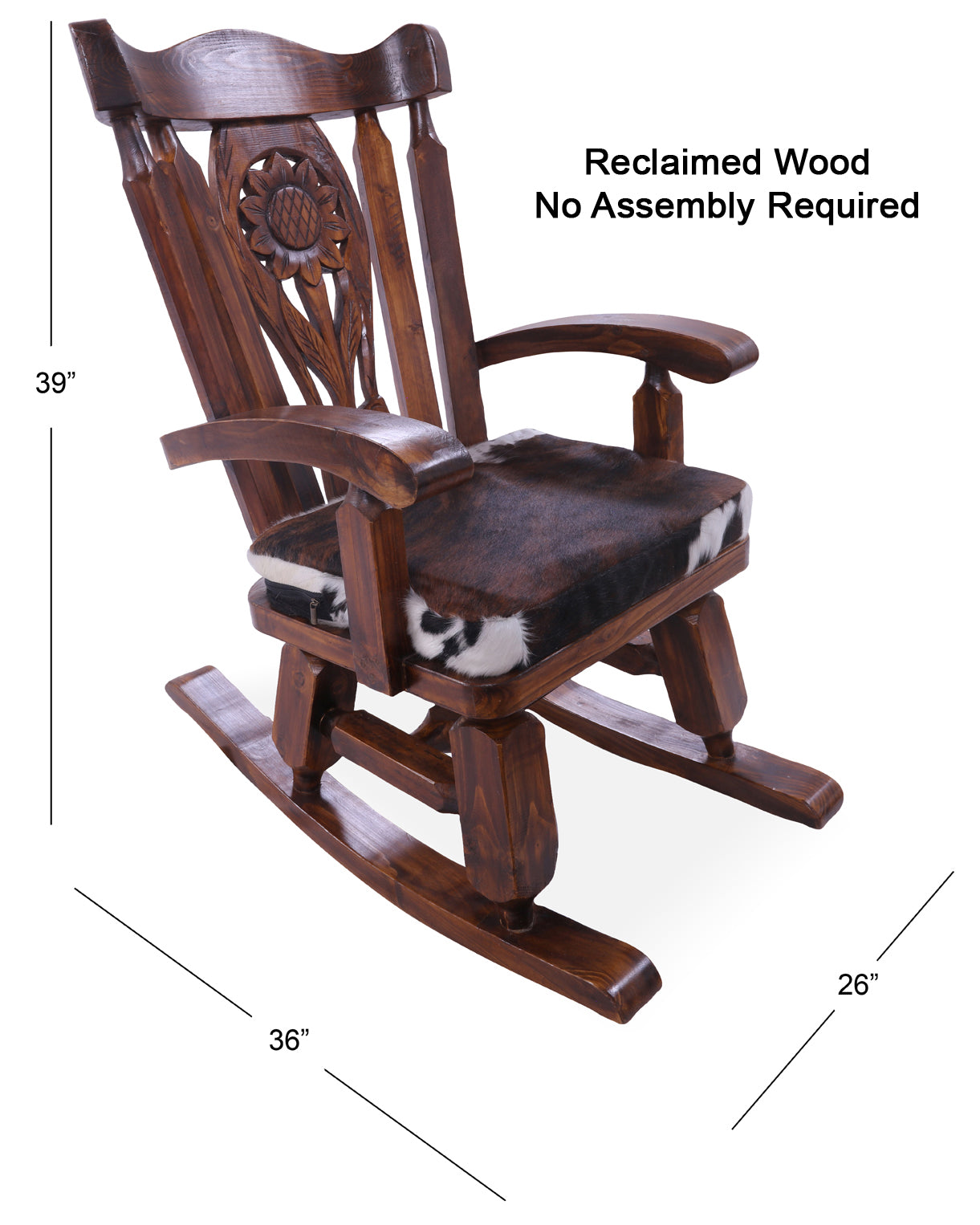 Wooden Rocking Chair Handcarved Back Sunflower Removable Hair-On Cowhide Pillow - Golden Nile