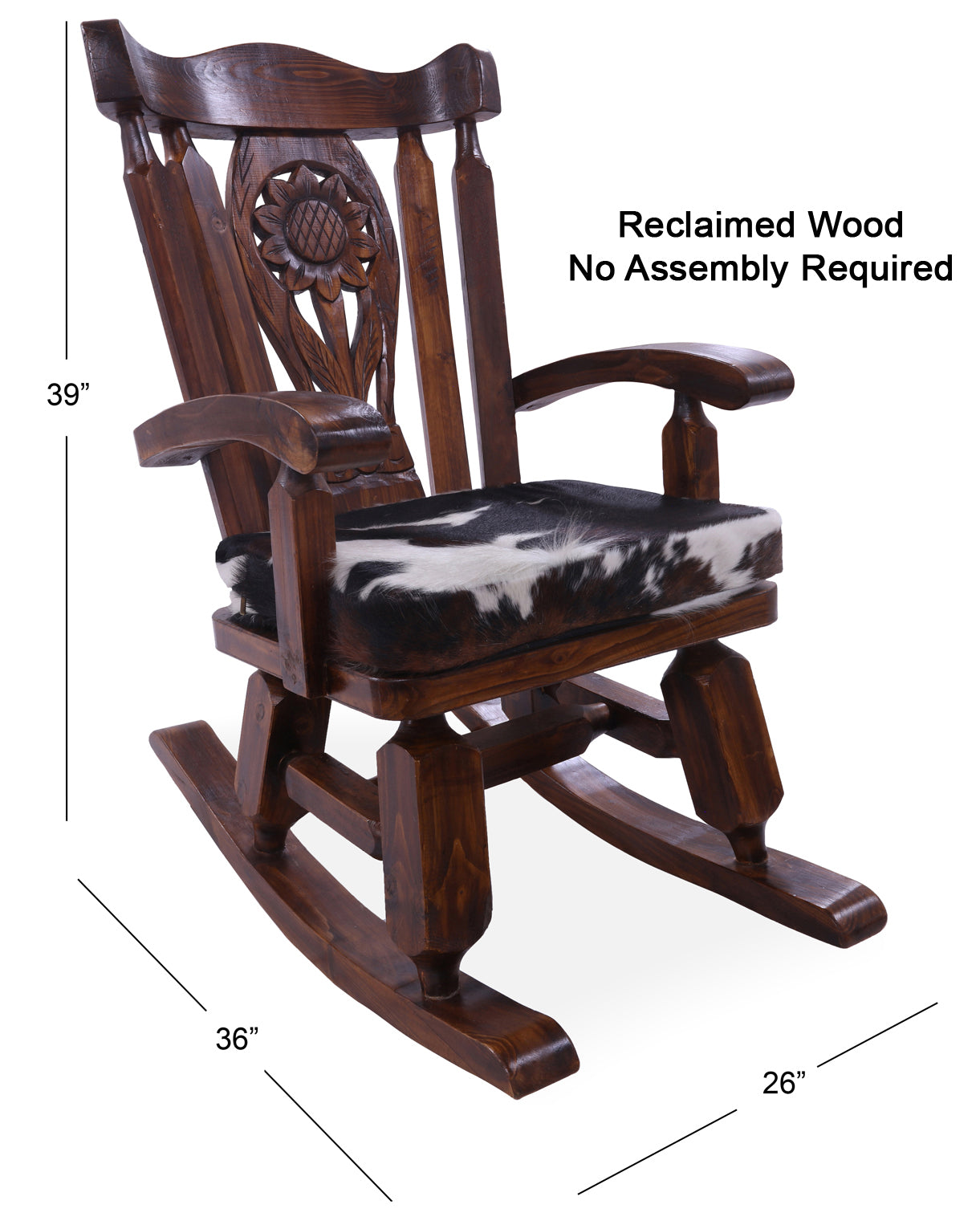 Wooden Rocking Chair Handcarved Back Sunflower Removable Hair-On Cowhide Pillow - Golden Nile