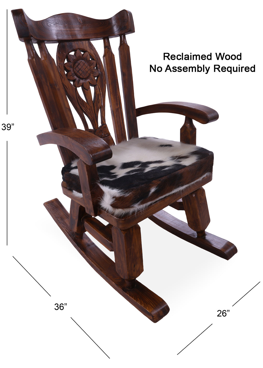 Wooden Rocking Chair Handcarved Back Sunflower Removable Hair-On Cowhide Pillow - Golden Nile