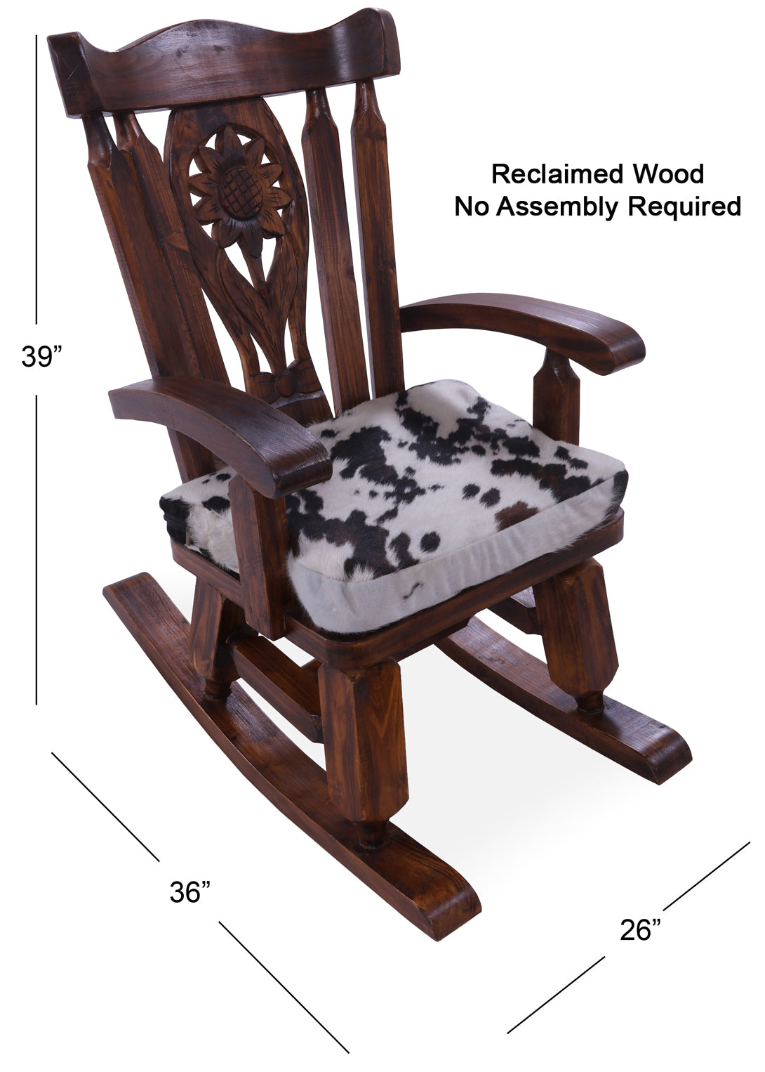 Wooden Rocking Chair Handcarved Back Sunflower Removable Hair-On Cowhide Pillow - Golden Nile