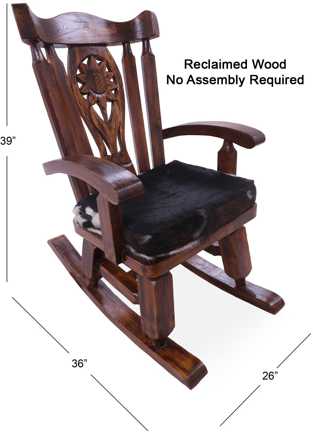 Wooden Rocking Chair Handcarved Back Sunflower Removable Hair-On Cowhide Pillow - Golden Nile