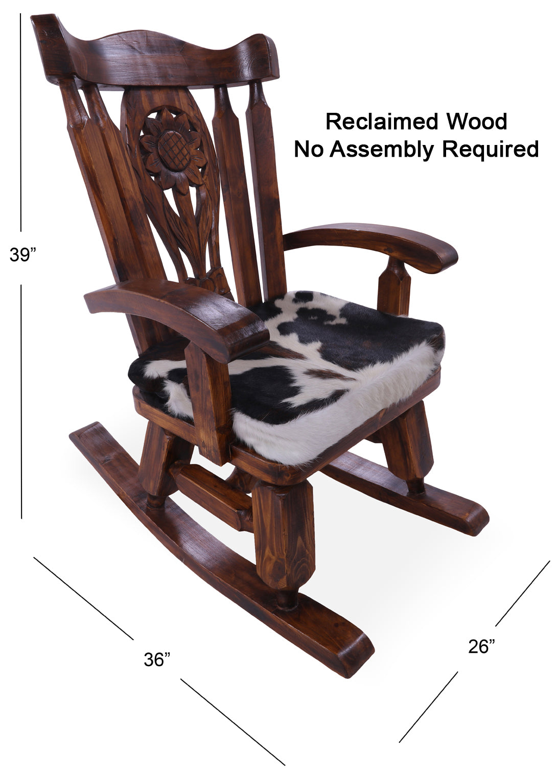 Wooden Rocking Chair Handcarved Back Sunflower Removable Hair-On Cowhide Pillow - Golden Nile