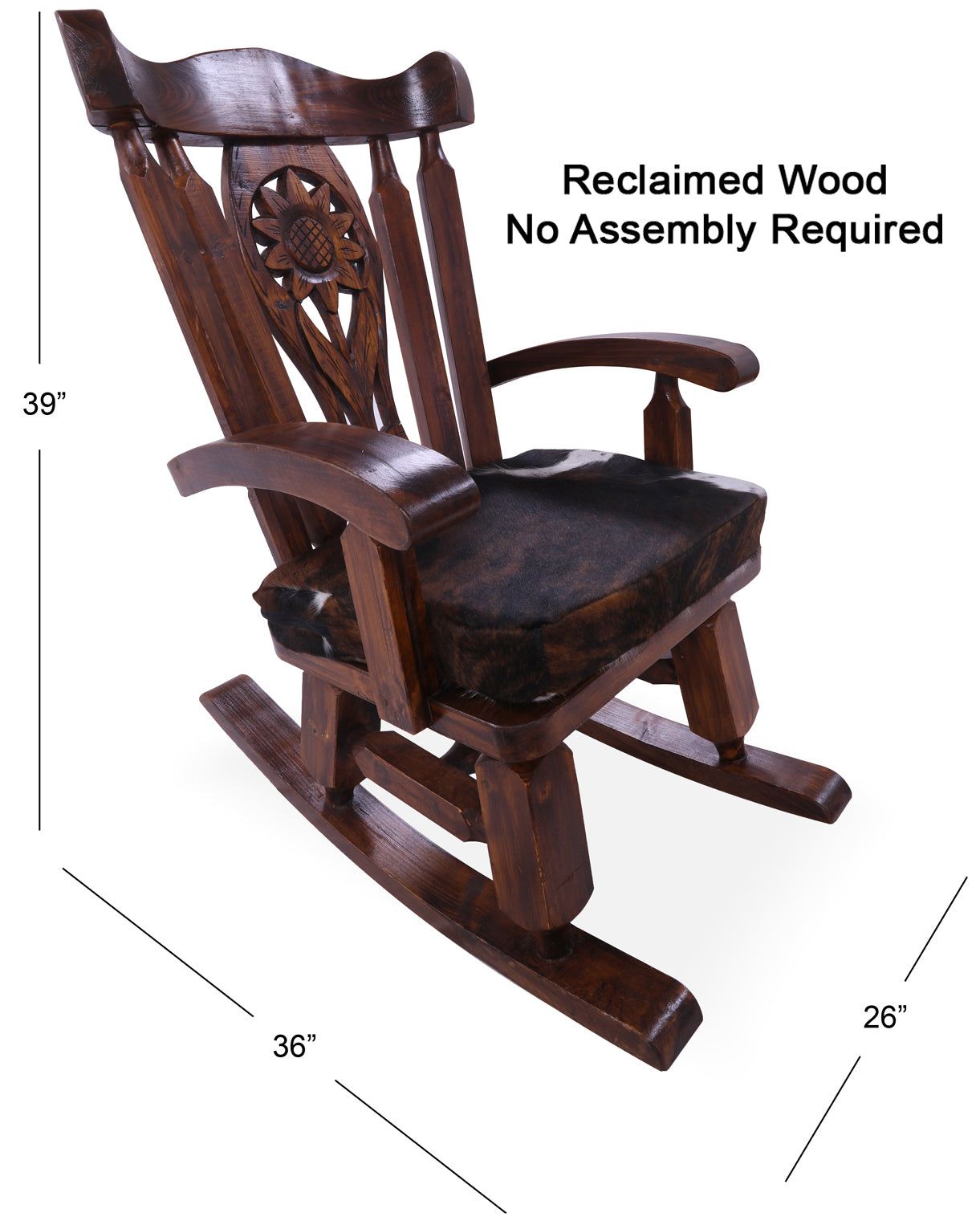 Wooden Rocking Chair Handcarved Back Sunflower Removable Hair-On Cowhide Pillow - Golden Nile