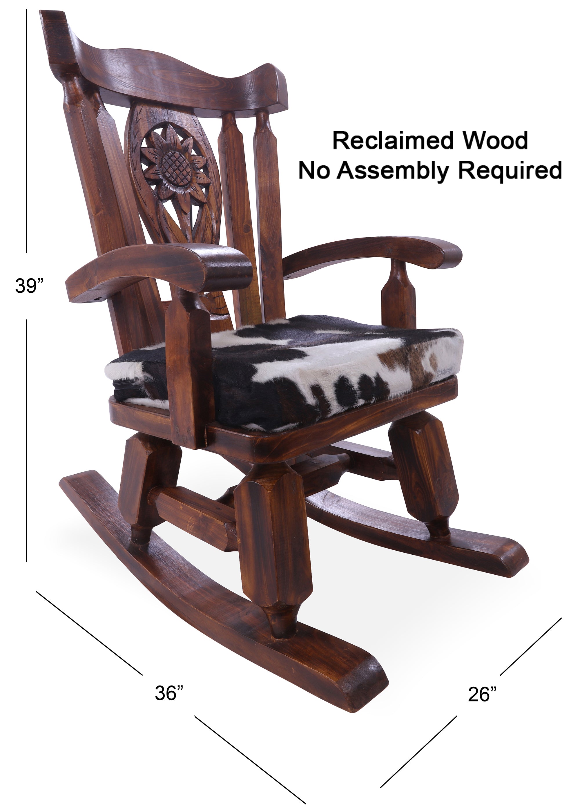 Wooden Rocking Chair Handcarved Back Sunflower Removable Hair-On Cowhide Pillow - Golden Nile