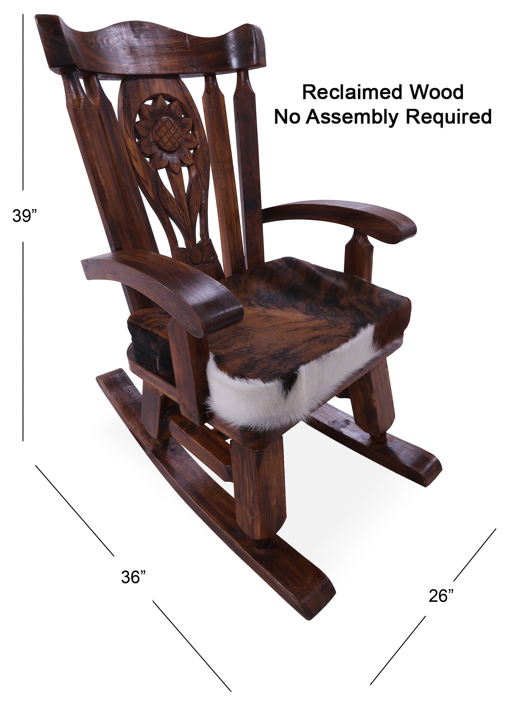Wooden Rocking Chair Handcarved Back Sunflower Removable Hair-On Cowhide Pillow - Golden Nile