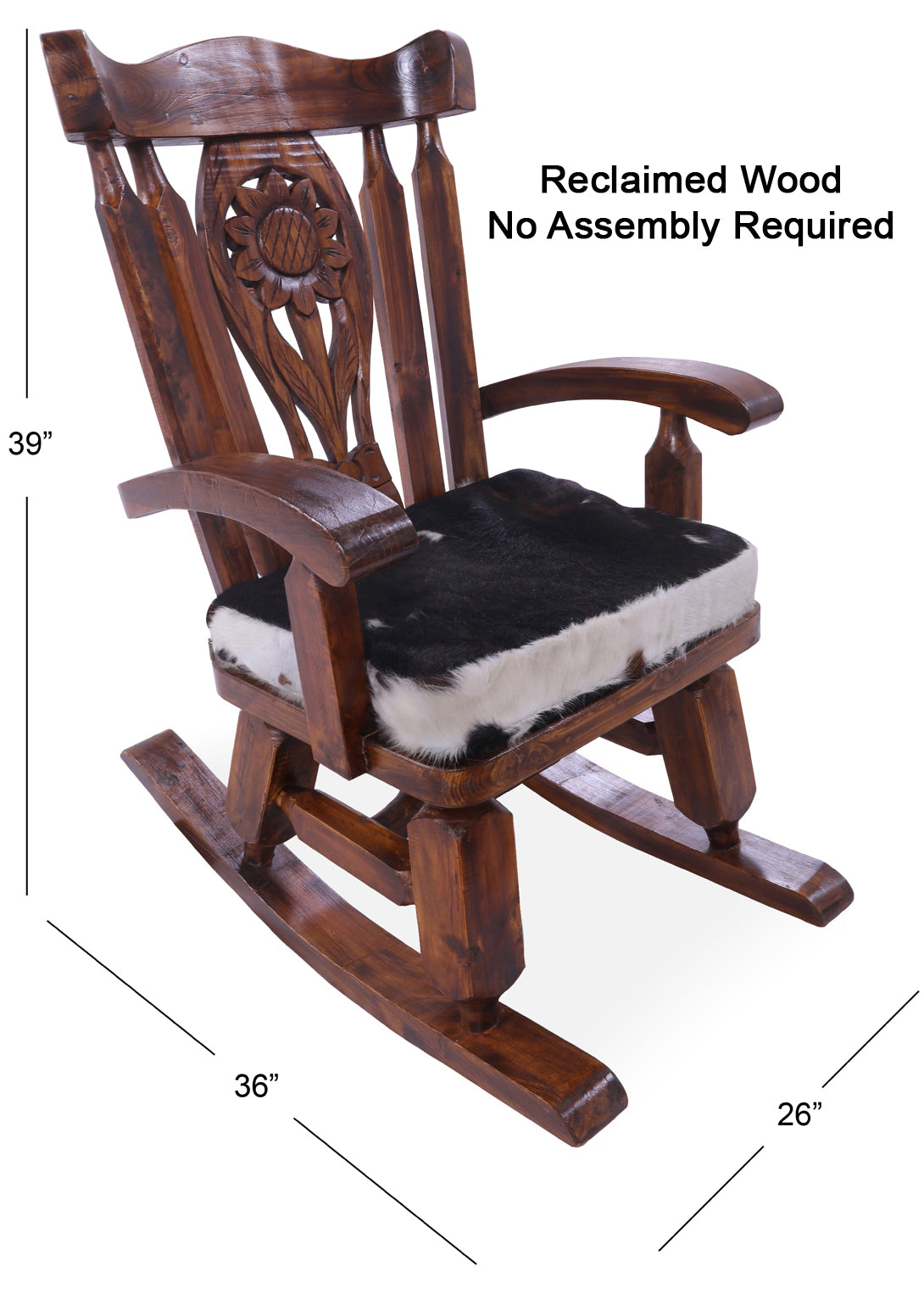 Wooden Rocking Chair Handcarved Back Sunflower Removable Hair-On Cowhide Pillow - Golden Nile