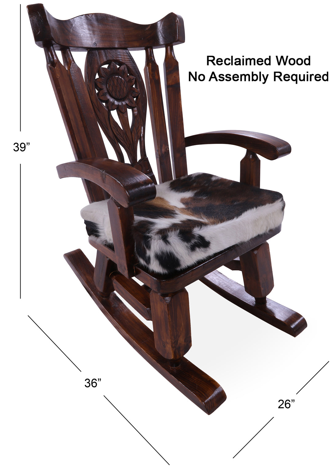 Wooden Rocking Chair Handcarved Back Sunflower Removable Hair-On Cowhide Pillow - Golden Nile
