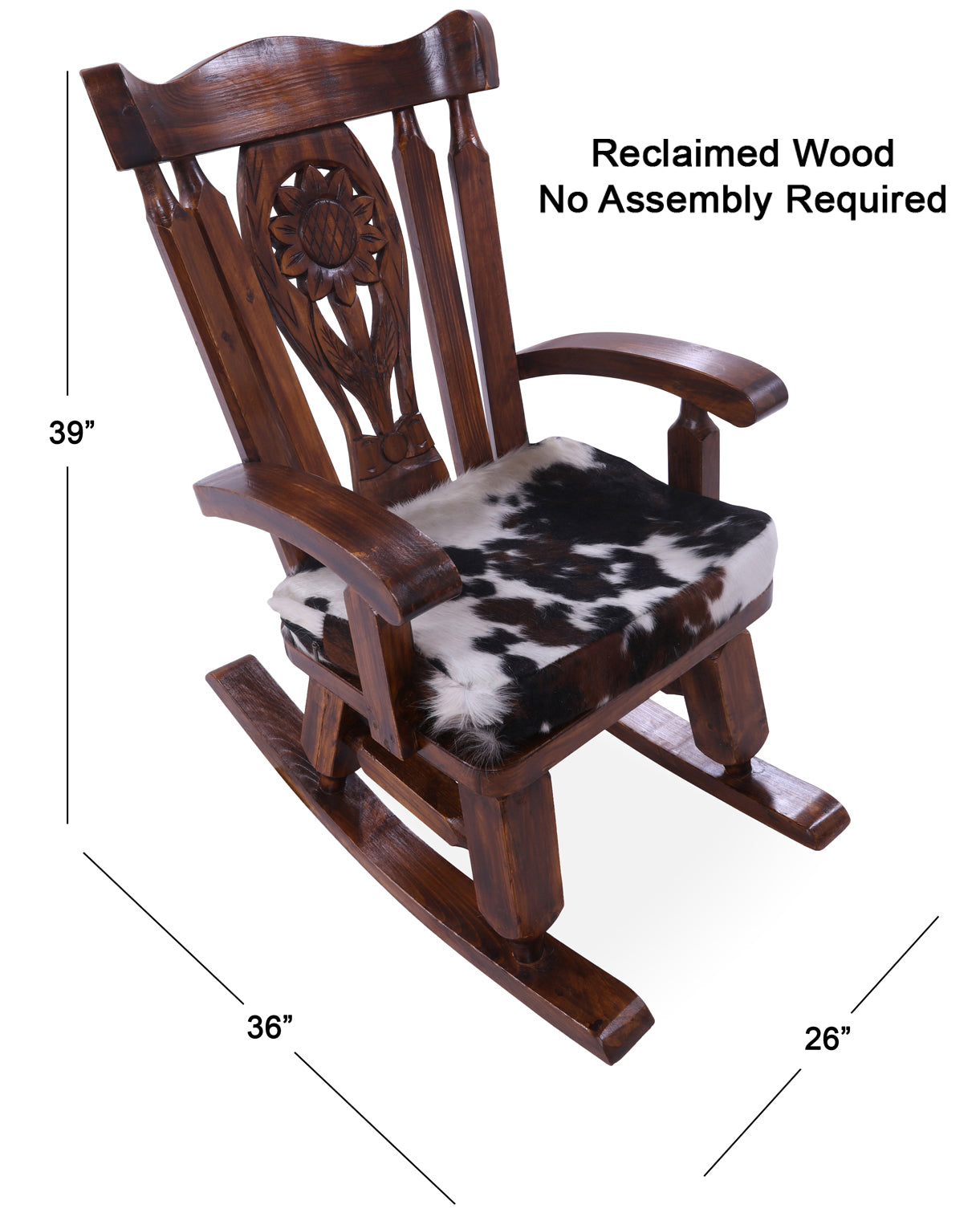 Wooden Rocking Chair Handcarved Back Sunflower Removable Hair-On Cowhide Pillow - Golden Nile