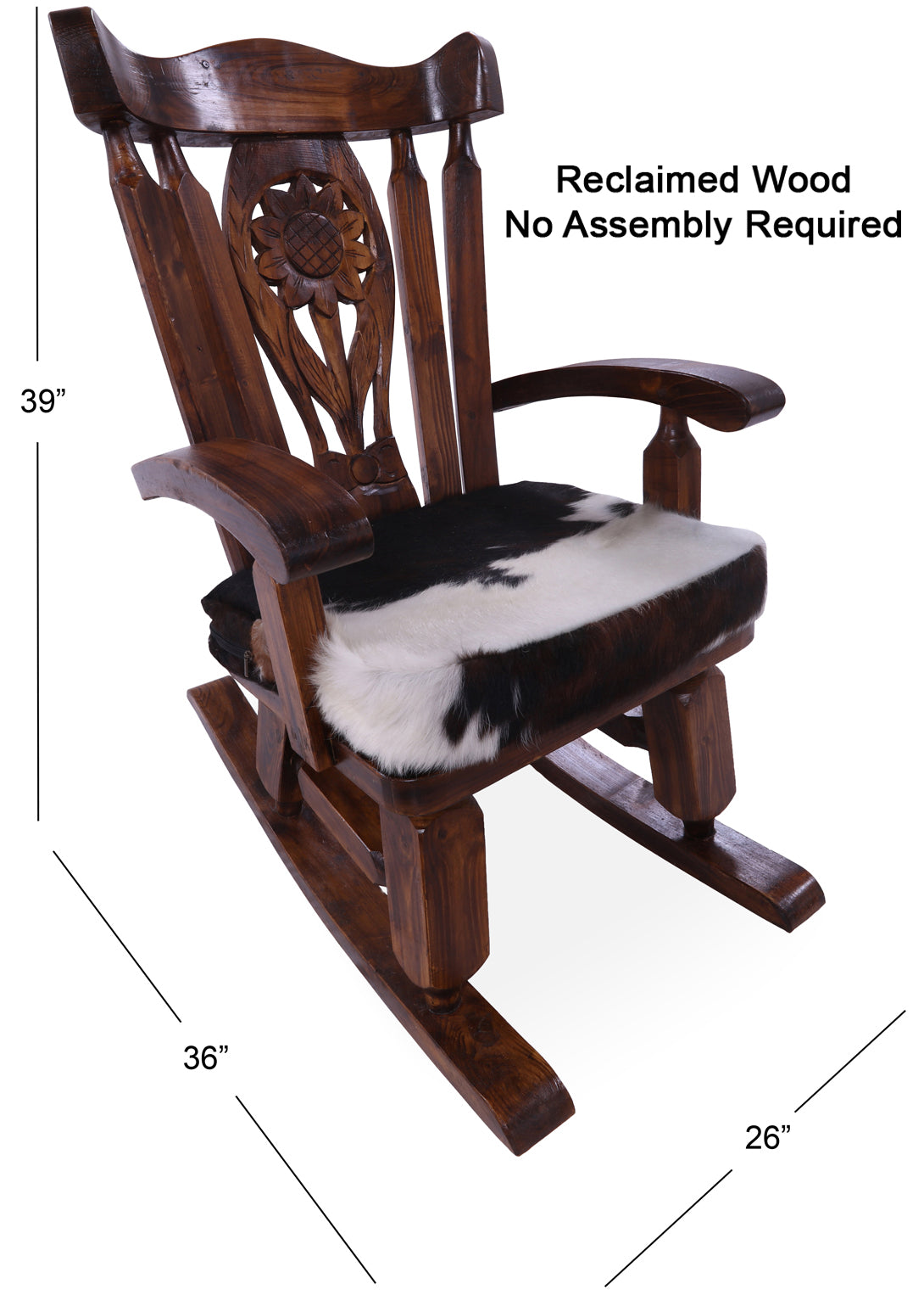 Wooden Rocking Chair Handcarved Back Sunflower Removable Hair-On Cowhide Pillow - Golden Nile