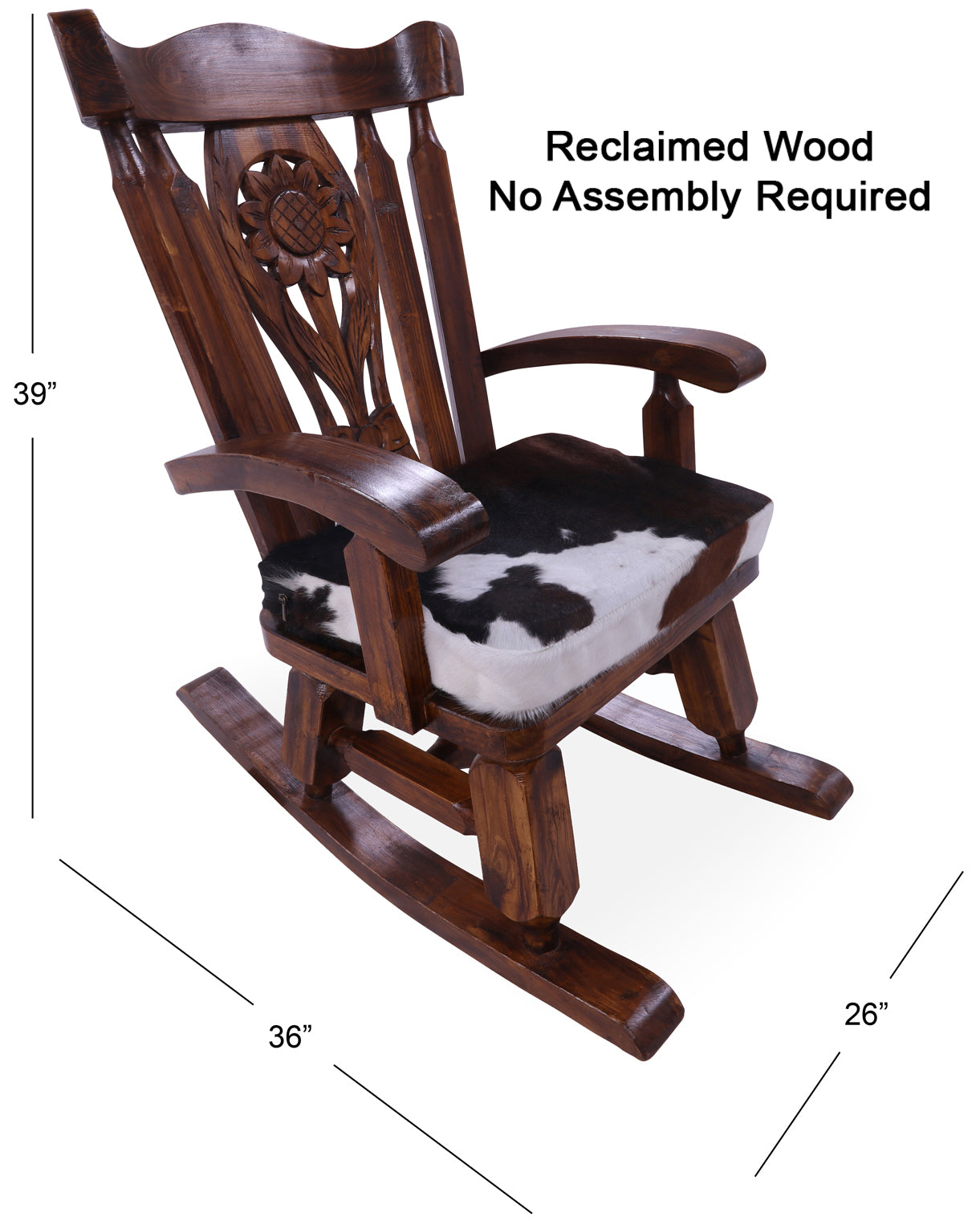 Wooden Rocking Chair Handcarved Back Sunflower Removable Hair-On Cowhide Pillow - Golden Nile