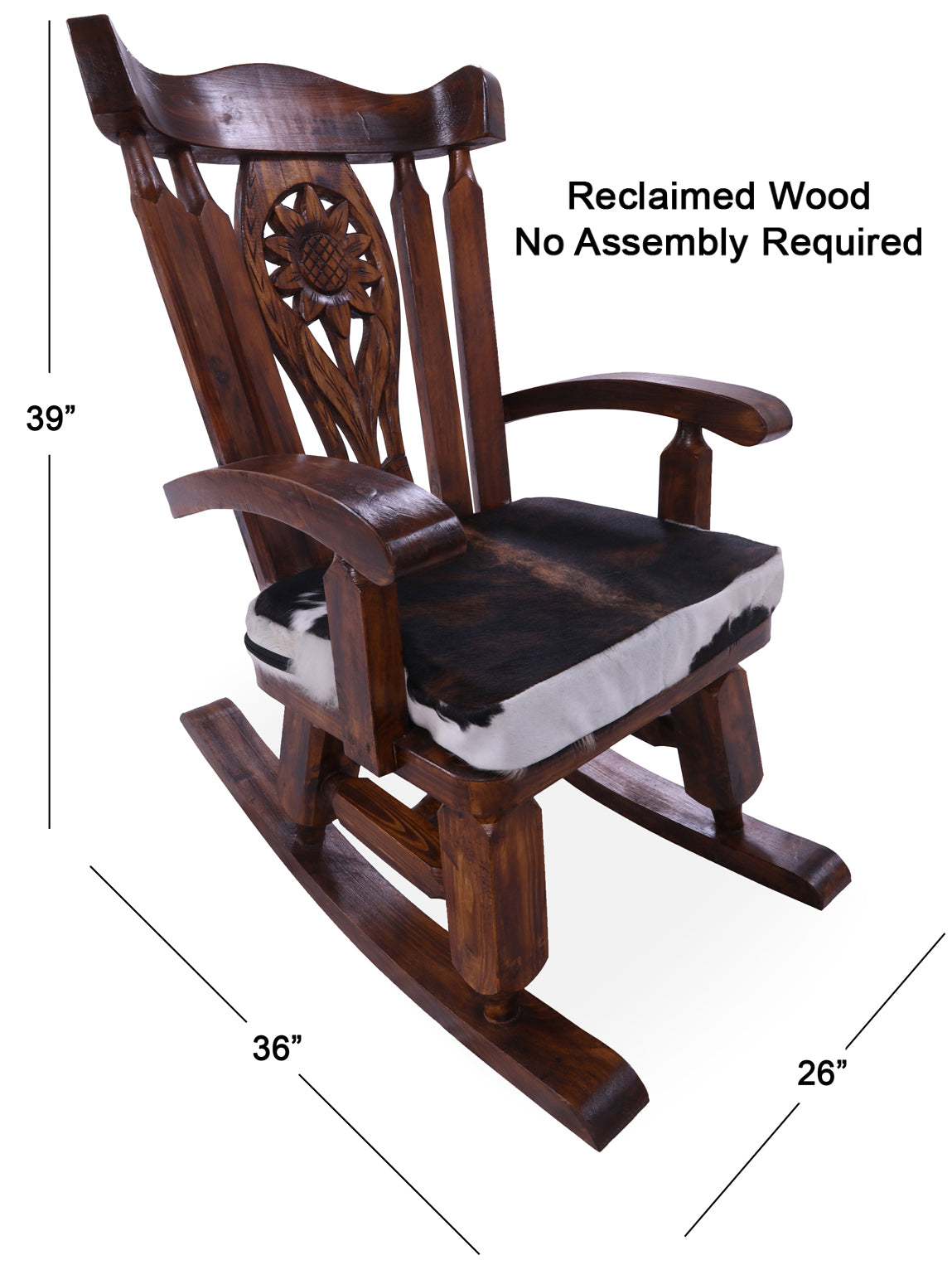 Wooden Rocking Chair Handcarved Back Sunflower Removable Hair-On Cowhide Pillow - Golden Nile