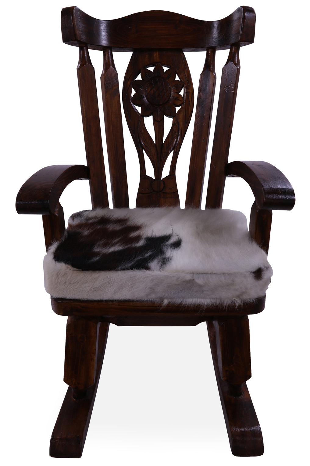 Wooden Rocking Chair Handcarved Back Sunflower Removable Hair-On Cowhide Pillow - Golden Nile