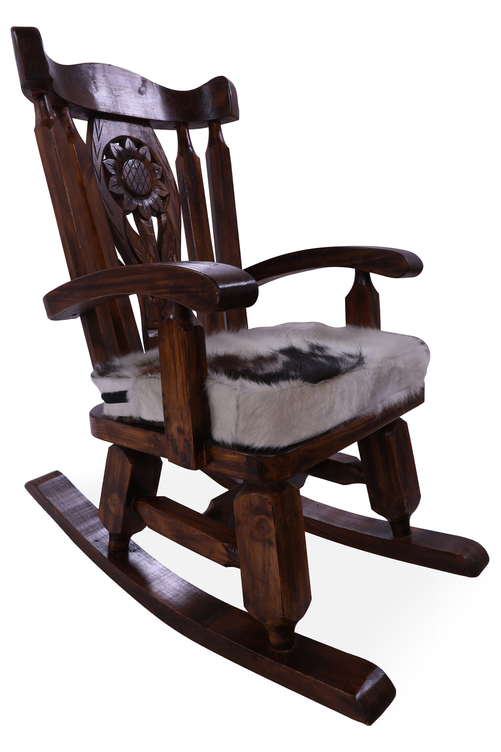 Wooden Rocking Chair Handcarved Back Sunflower Removable Hair-On Cowhide Pillow - Golden Nile