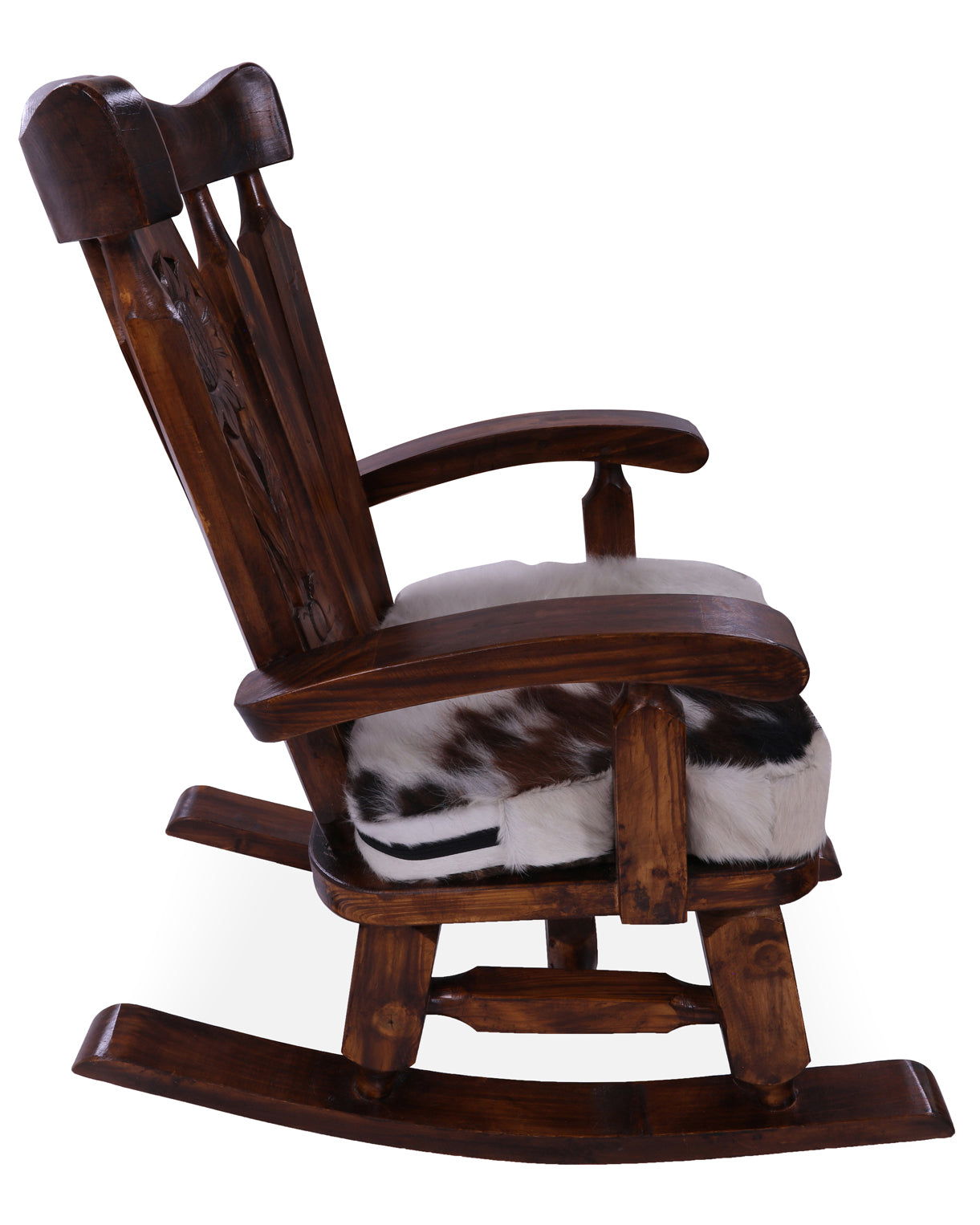 Wooden Rocking Chair Handcarved Back Sunflower Removable Hair-On Cowhide Pillow - Golden Nile