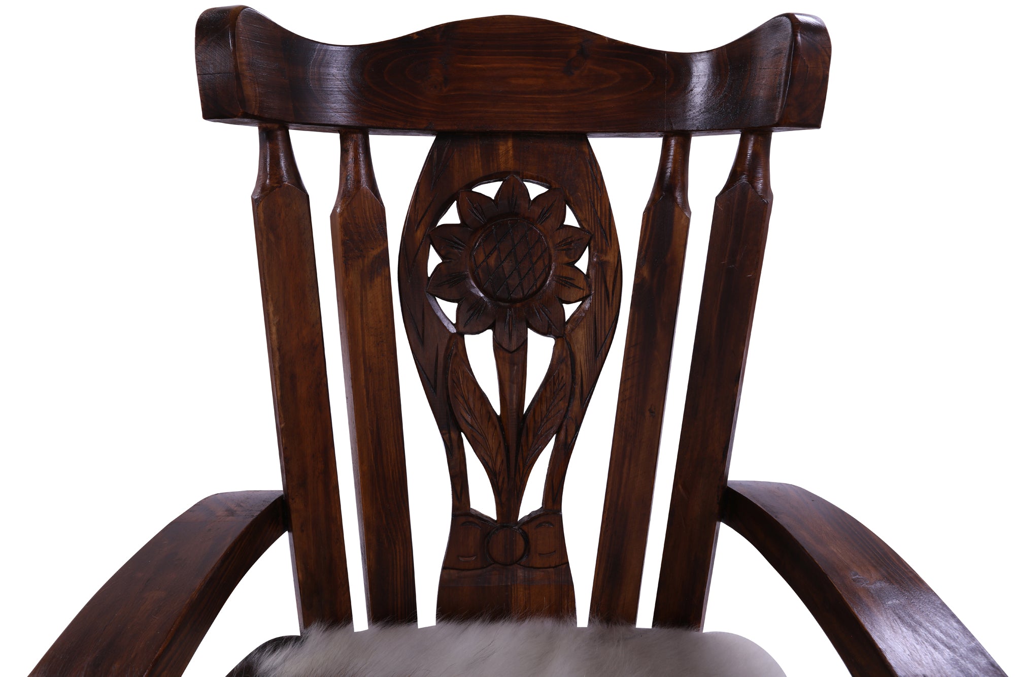 Wooden Rocking Chair Handcarved Back Sunflower Removable Hair-On Cowhide Pillow - Golden Nile