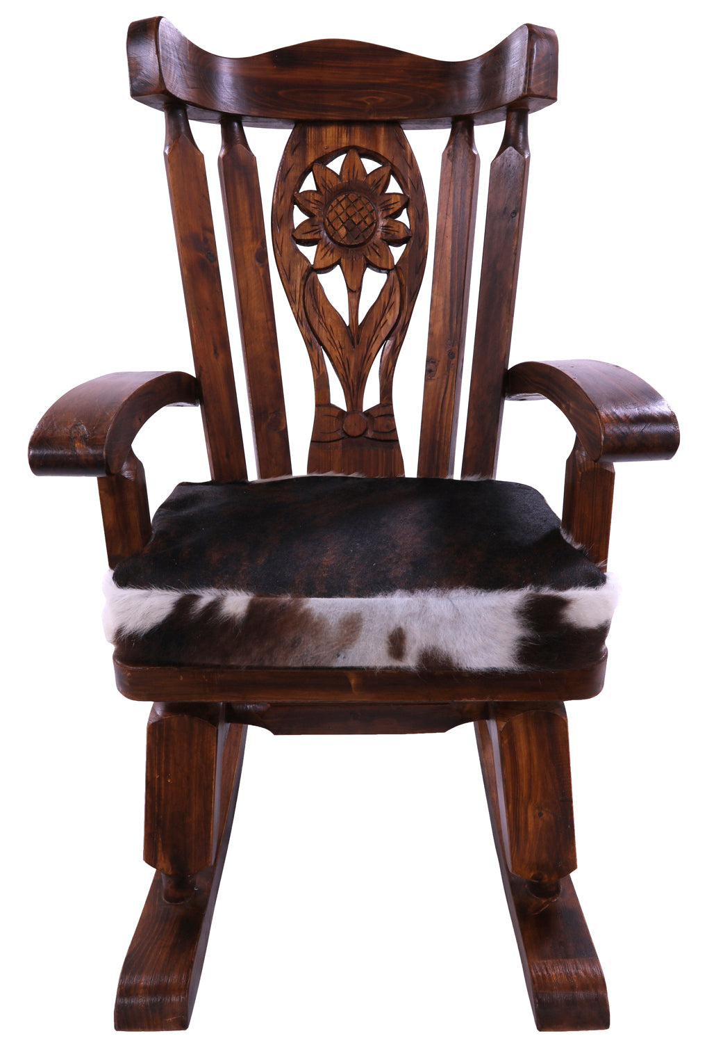 Wooden Rocking Chair Handcarved Back Sunflower Removable Hair-On Cowhide Pillow - Golden Nile