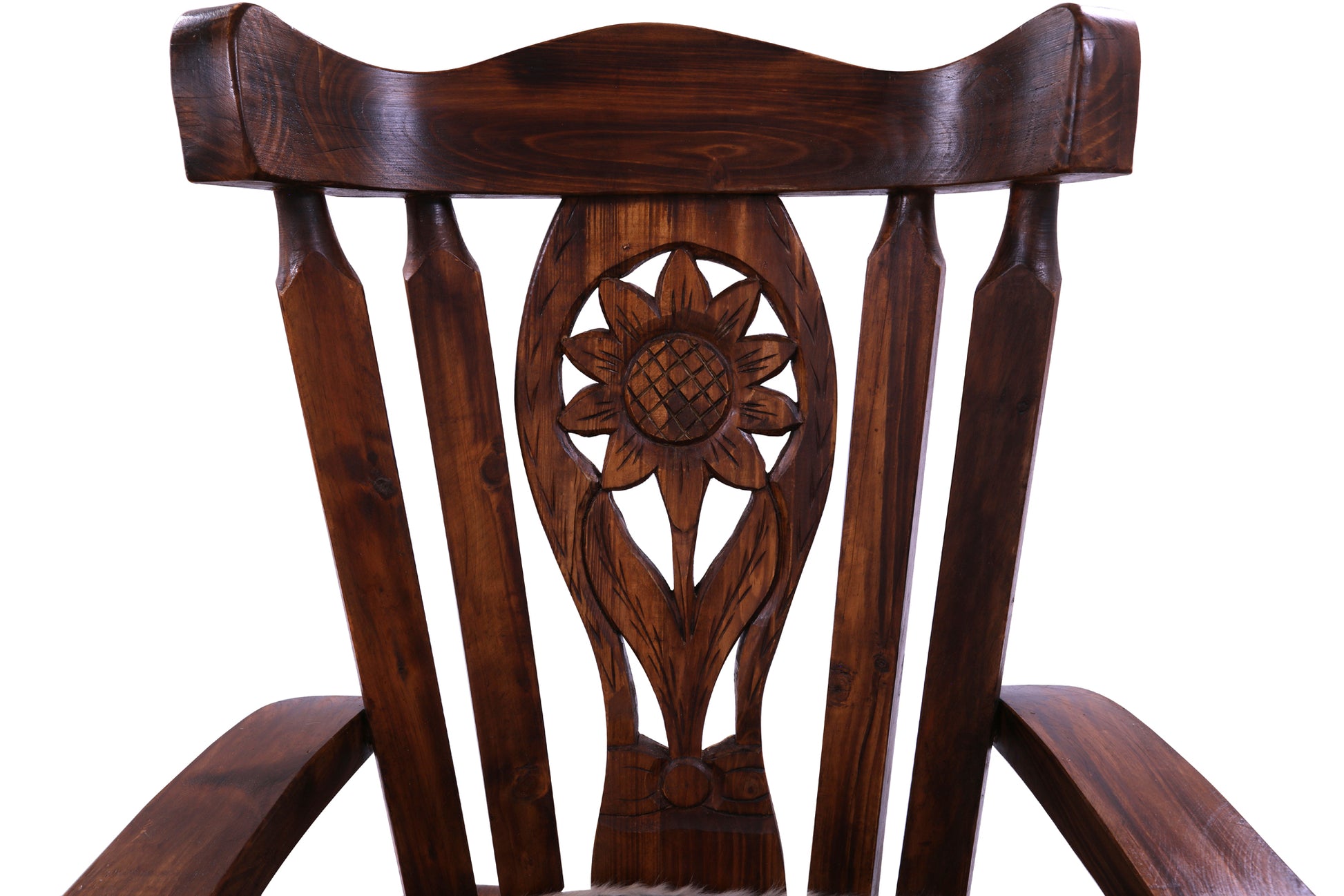 Wooden Rocking Chair Handcarved Back Sunflower Removable Hair-On Cowhide Pillow - Golden Nile