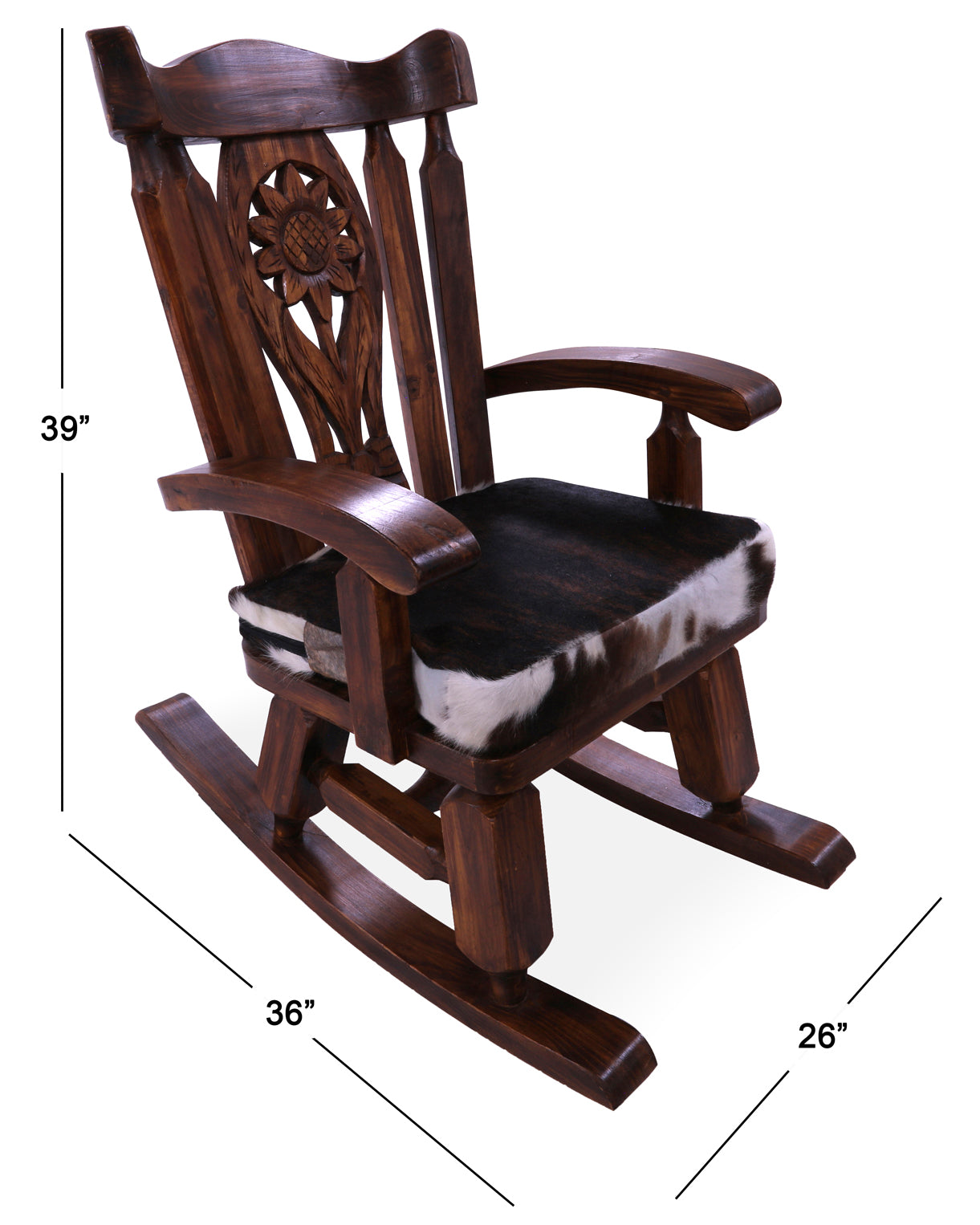 Wooden Rocking Chair Handcarved Back Sunflower Removable Hair-On Cowhide Pillow - Golden Nile