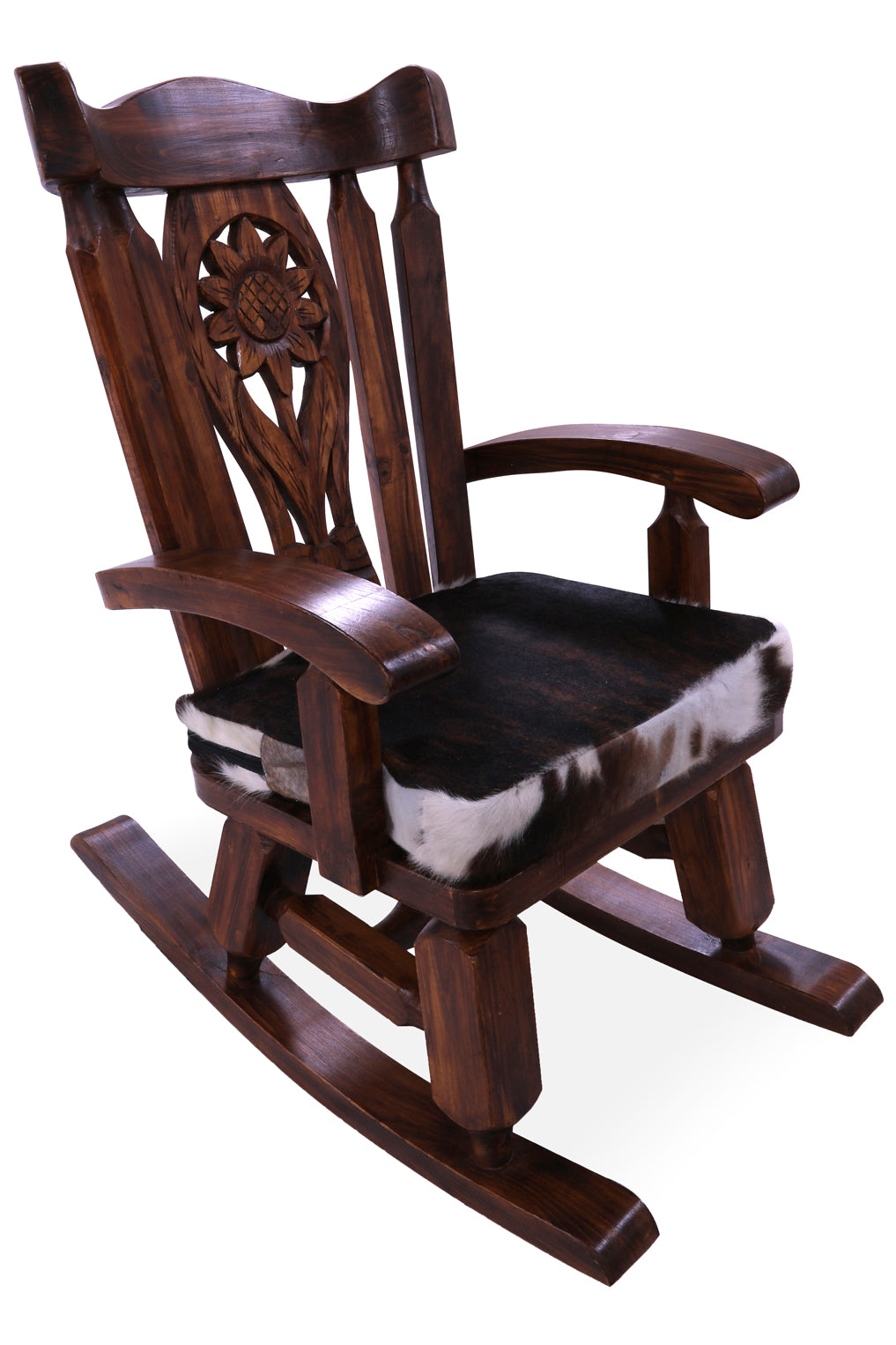 Wooden Rocking Chair Handcarved Back Sunflower Removable Hair-On Cowhide Pillow - Golden Nile