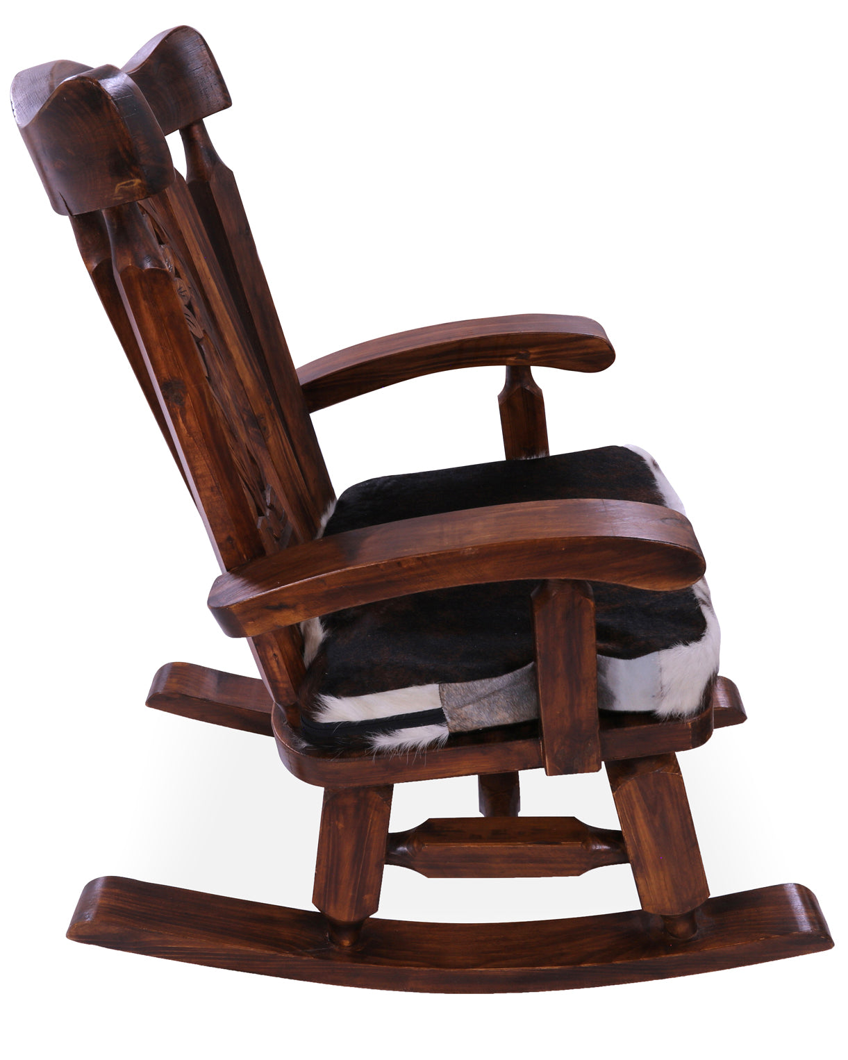 Wooden Rocking Chair Handcarved Back Sunflower Removable Hair-On Cowhide Pillow - Golden Nile