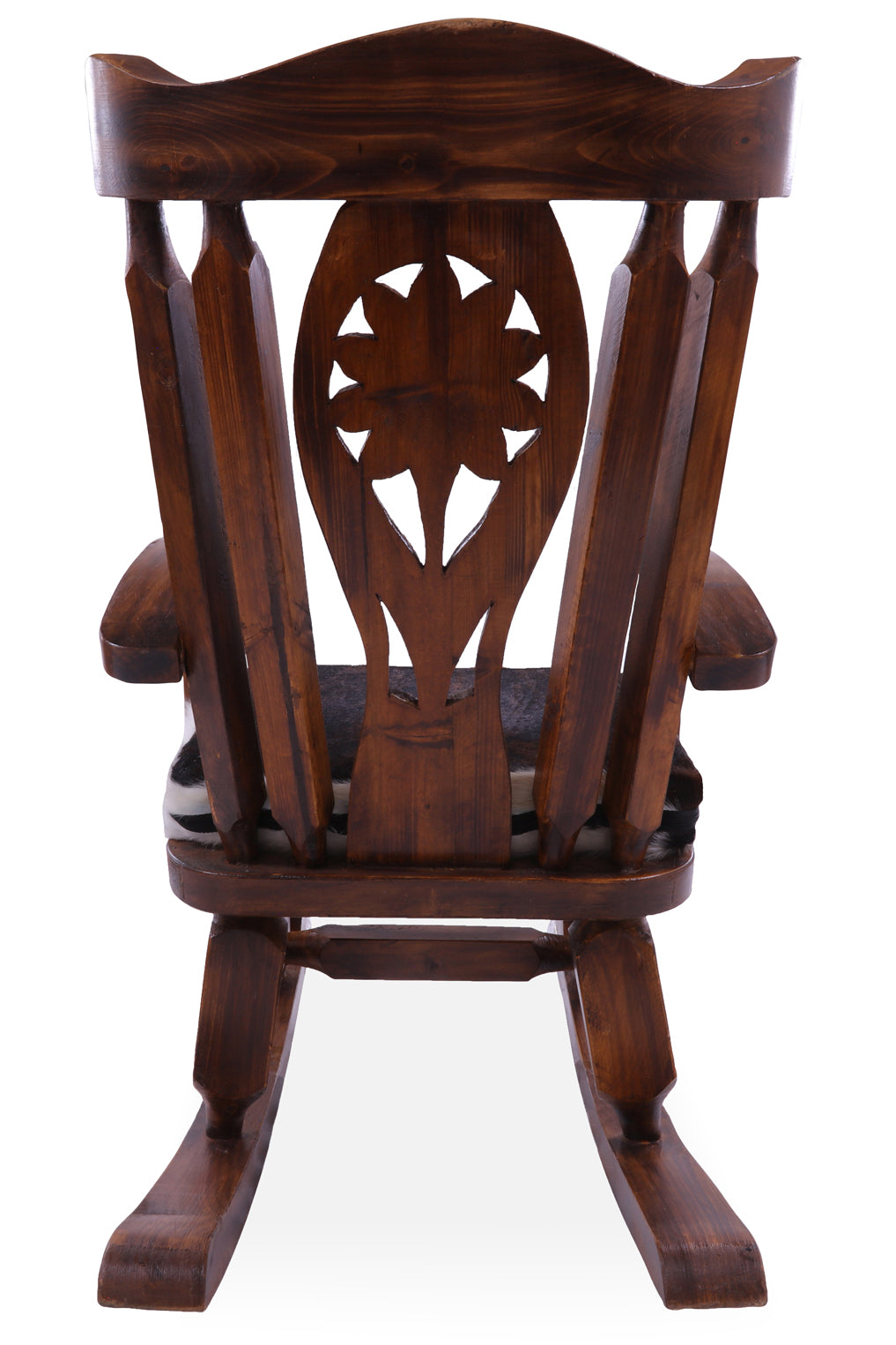 Wooden Rocking Chair Handcarved Back Sunflower Removable Hair-On Cowhide Pillow - Golden Nile