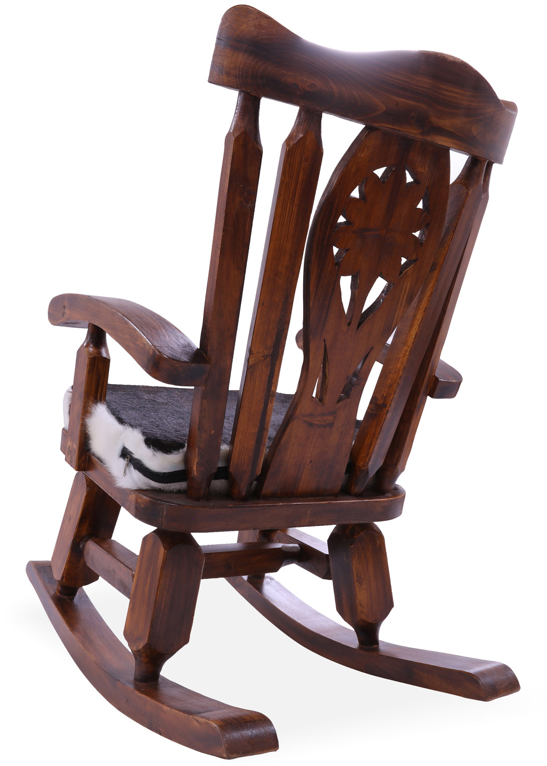 Wooden Rocking Chair Handcarved Back Sunflower Removable Hair-On Cowhide Pillow - Golden Nile