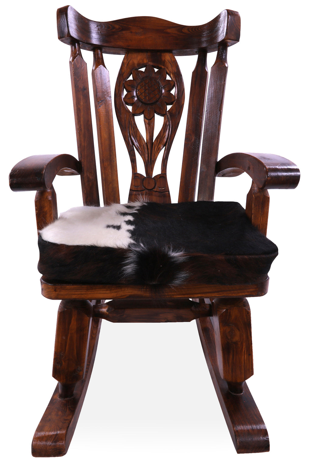 Wooden Rocking Chair Handcarved Back Sunflower Removable Hair-On Cowhide Pillow - Golden Nile