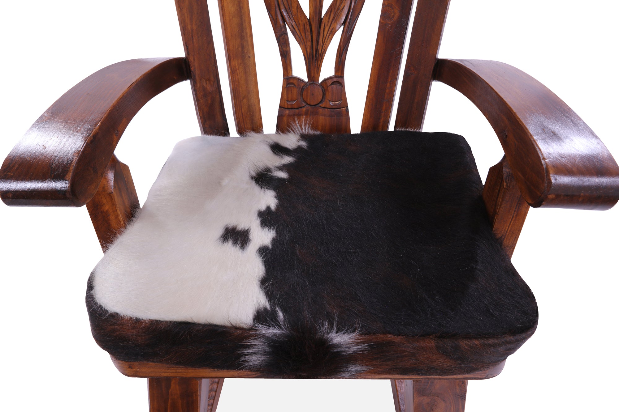 Wooden Rocking Chair Handcarved Back Sunflower Removable Hair-On Cowhide Pillow - Golden Nile