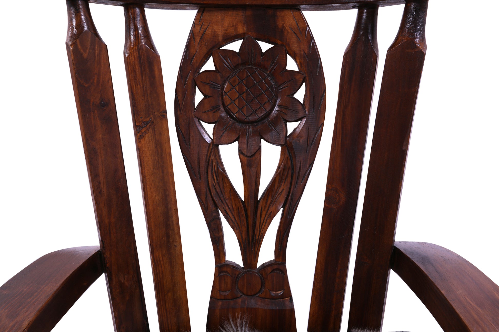 Wooden Rocking Chair Handcarved Back Sunflower Removable Hair-On Cowhide Pillow - Golden Nile