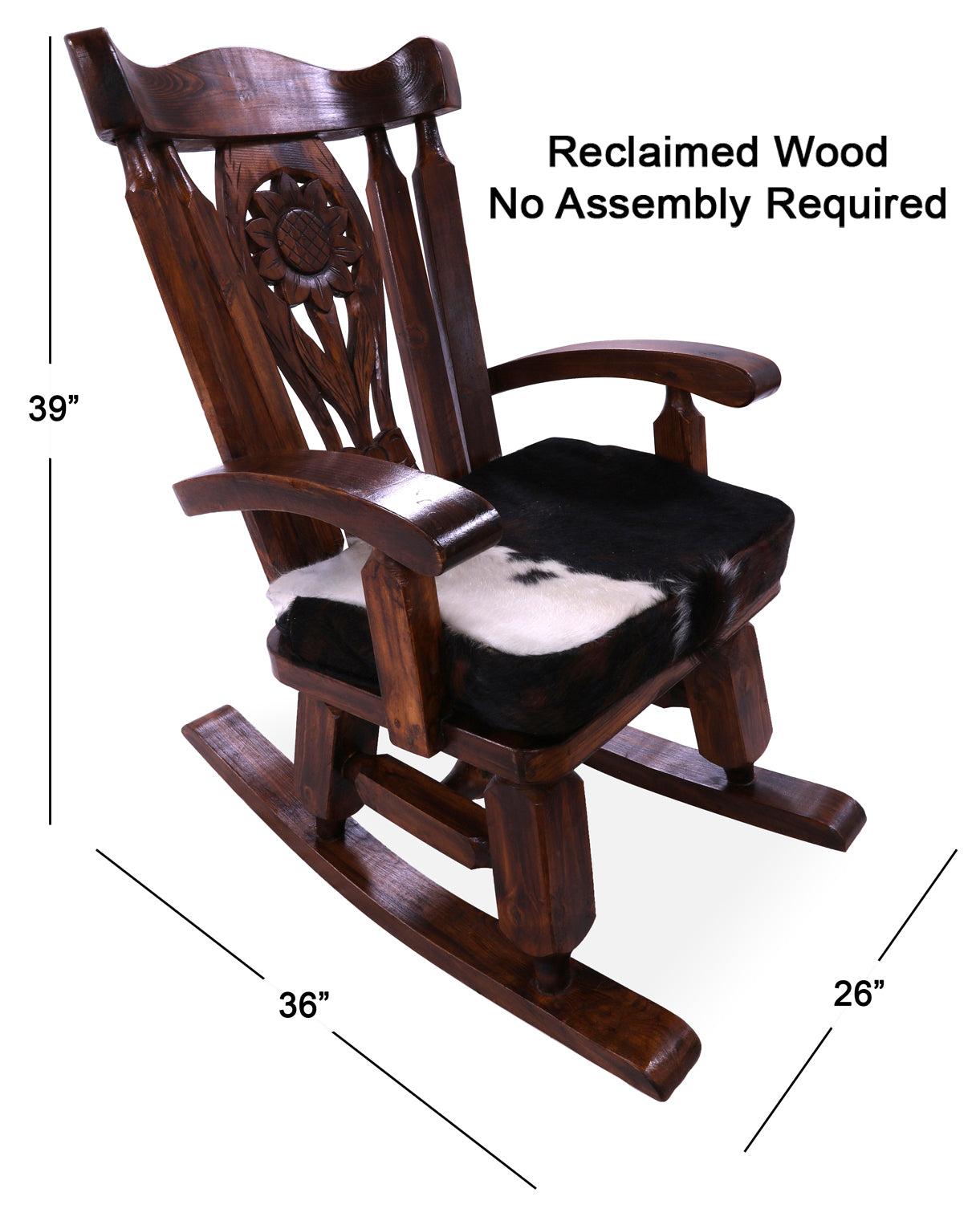 Wooden Rocking Chair Handcarved Back Sunflower Removable Hair-On Cowhide Pillow - Golden Nile