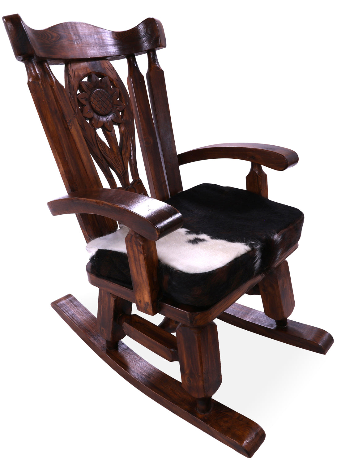 Wooden Rocking Chair Handcarved Back Sunflower Removable Hair-On Cowhide Pillow - Golden Nile