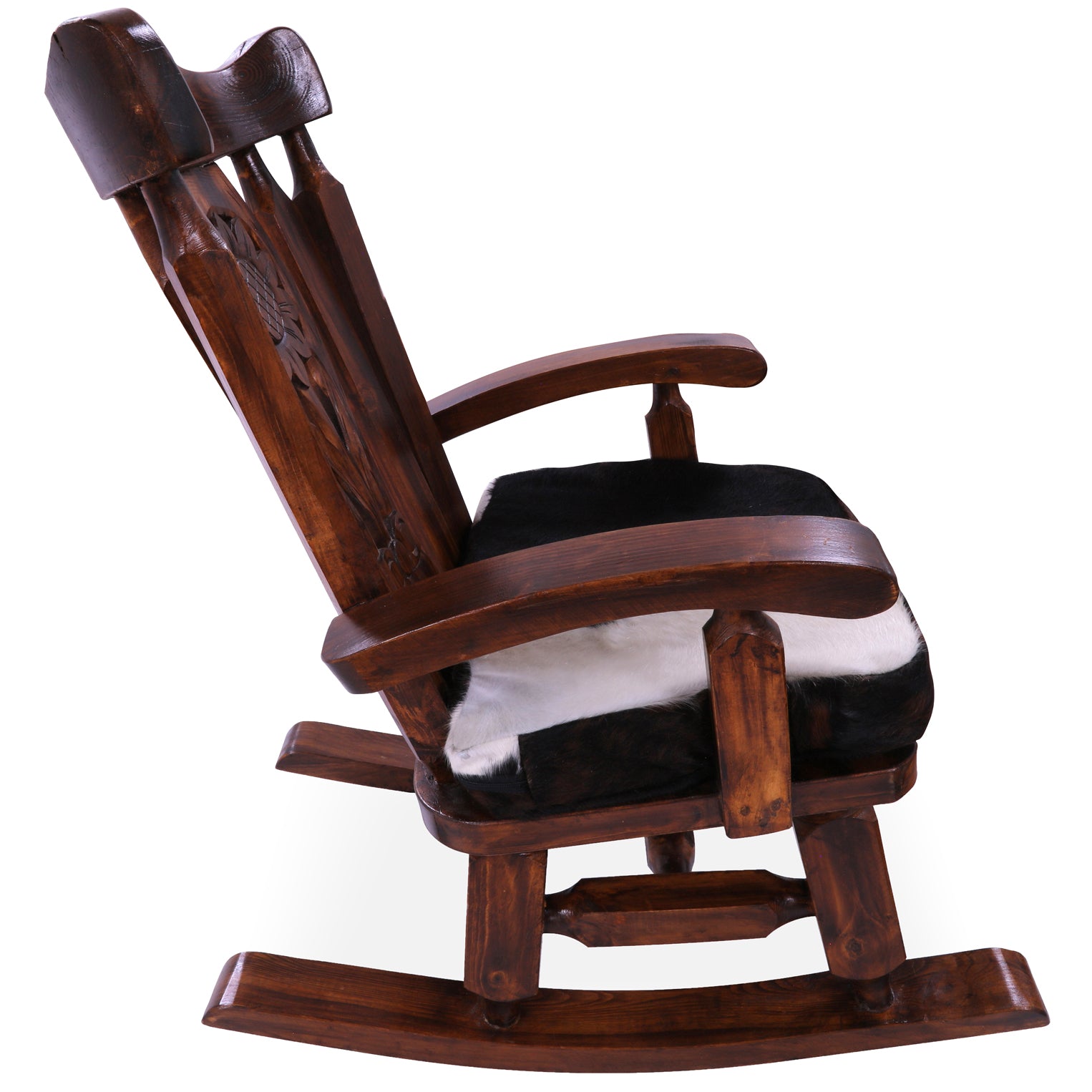 Wooden Rocking Chair Handcarved Back Sunflower Removable Hair-On Cowhide Pillow - Golden Nile