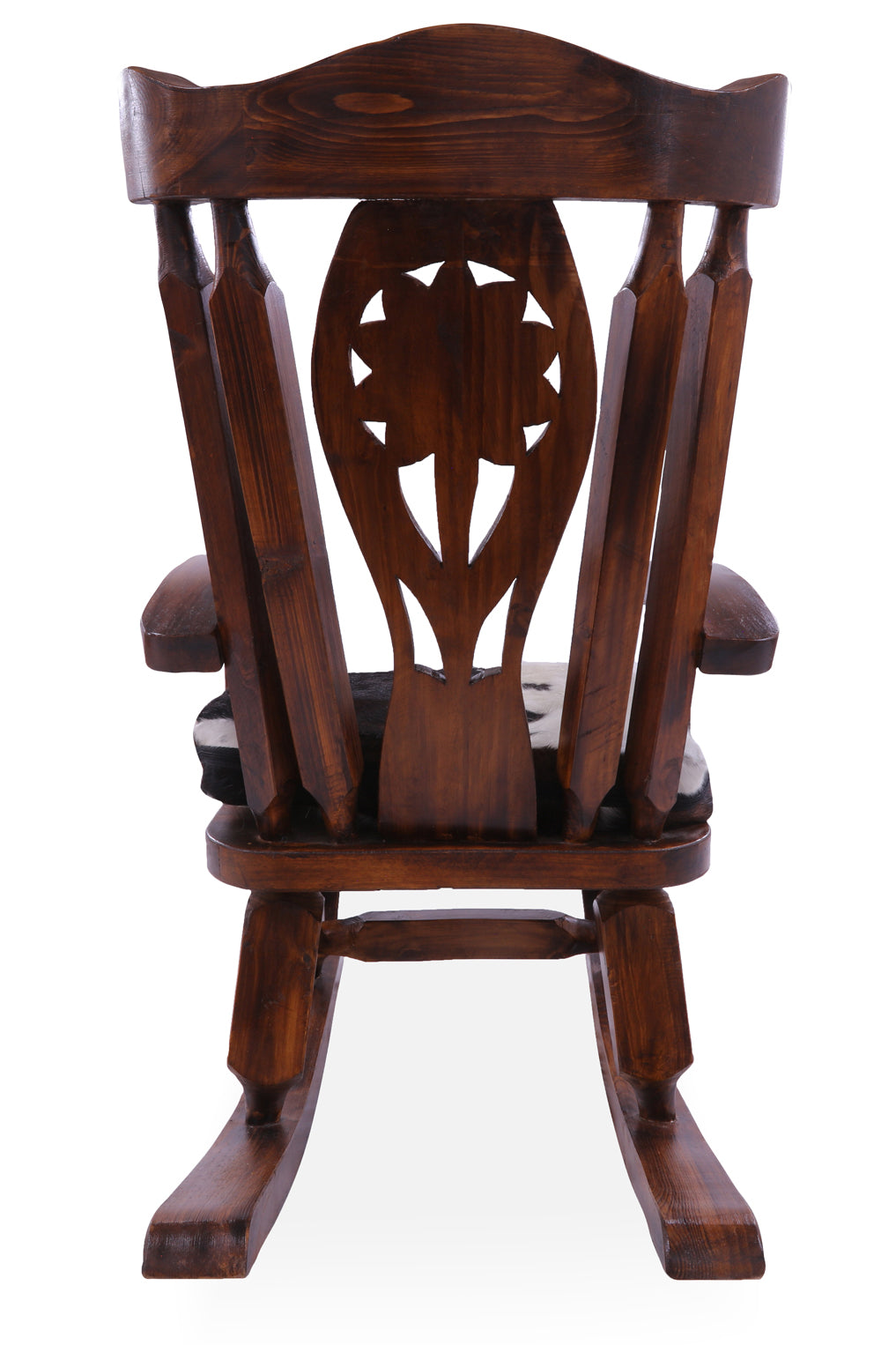 Wooden Rocking Chair Handcarved Back Sunflower Removable Hair-On Cowhide Pillow - Golden Nile