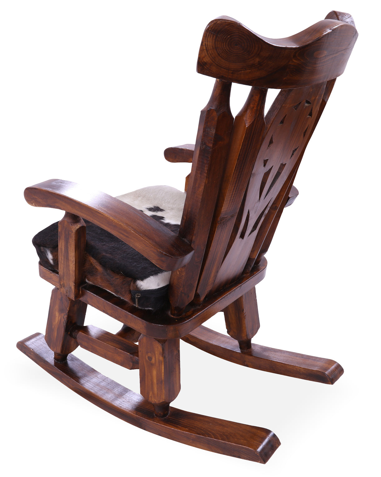 Wooden Rocking Chair Handcarved Back Sunflower Removable Hair-On Cowhide Pillow - Golden Nile