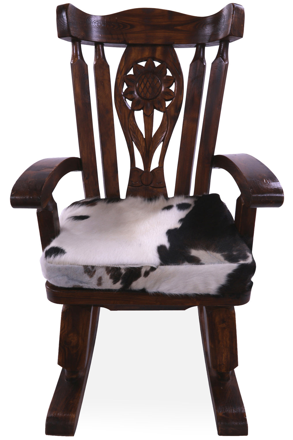 Wooden Rocking Chair Handcarved Back Sunflower Removable Hair-On Cowhide Pillow - Golden Nile