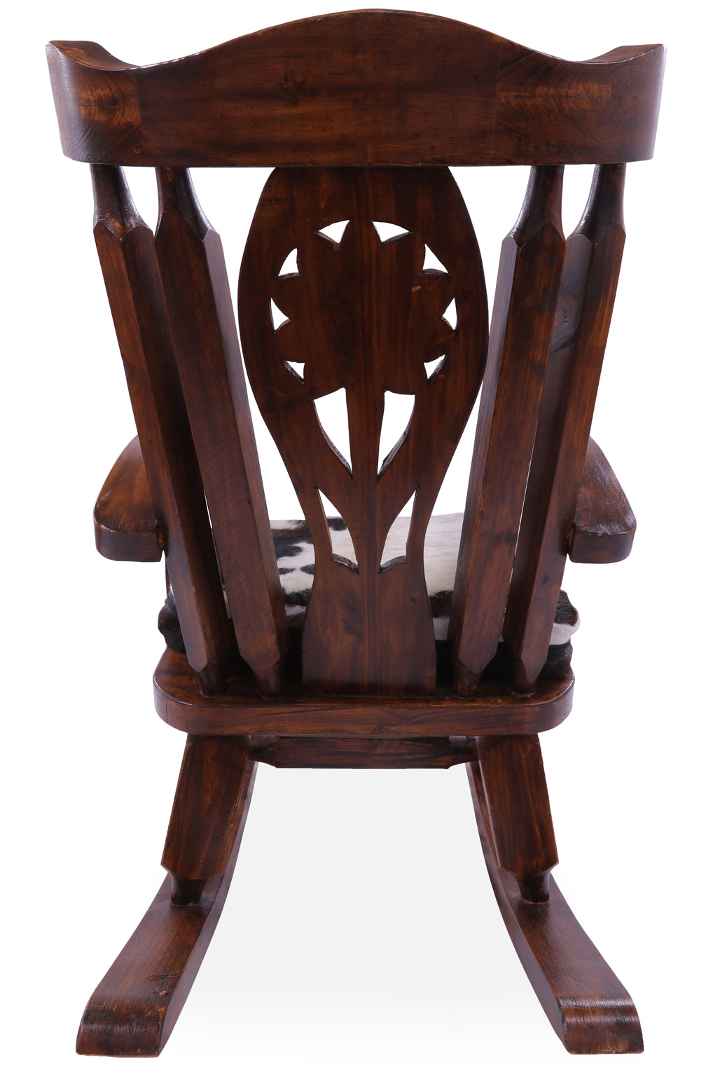 Wooden Rocking Chair Handcarved Back Sunflower Removable Hair-On Cowhide Pillow - Golden Nile