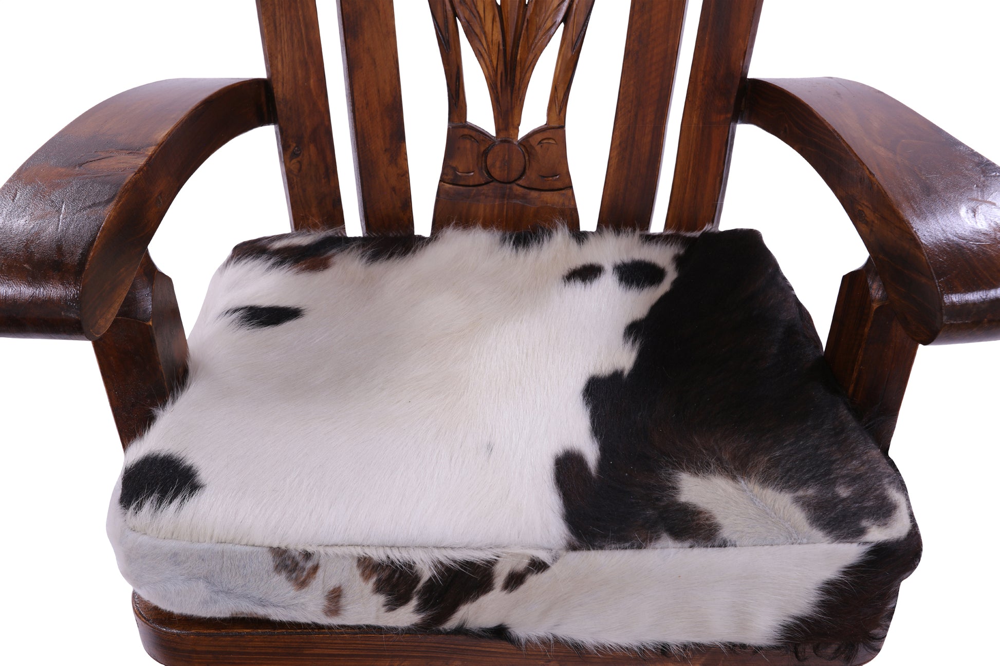 Wooden Rocking Chair Handcarved Back Sunflower Removable Hair-On Cowhide Pillow - Golden Nile