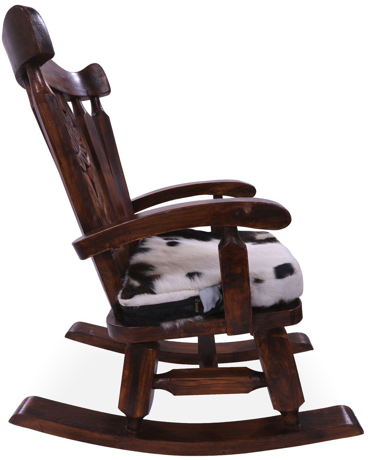 Wooden Rocking Chair Handcarved Back Sunflower Removable Hair-On Cowhide Pillow - Golden Nile